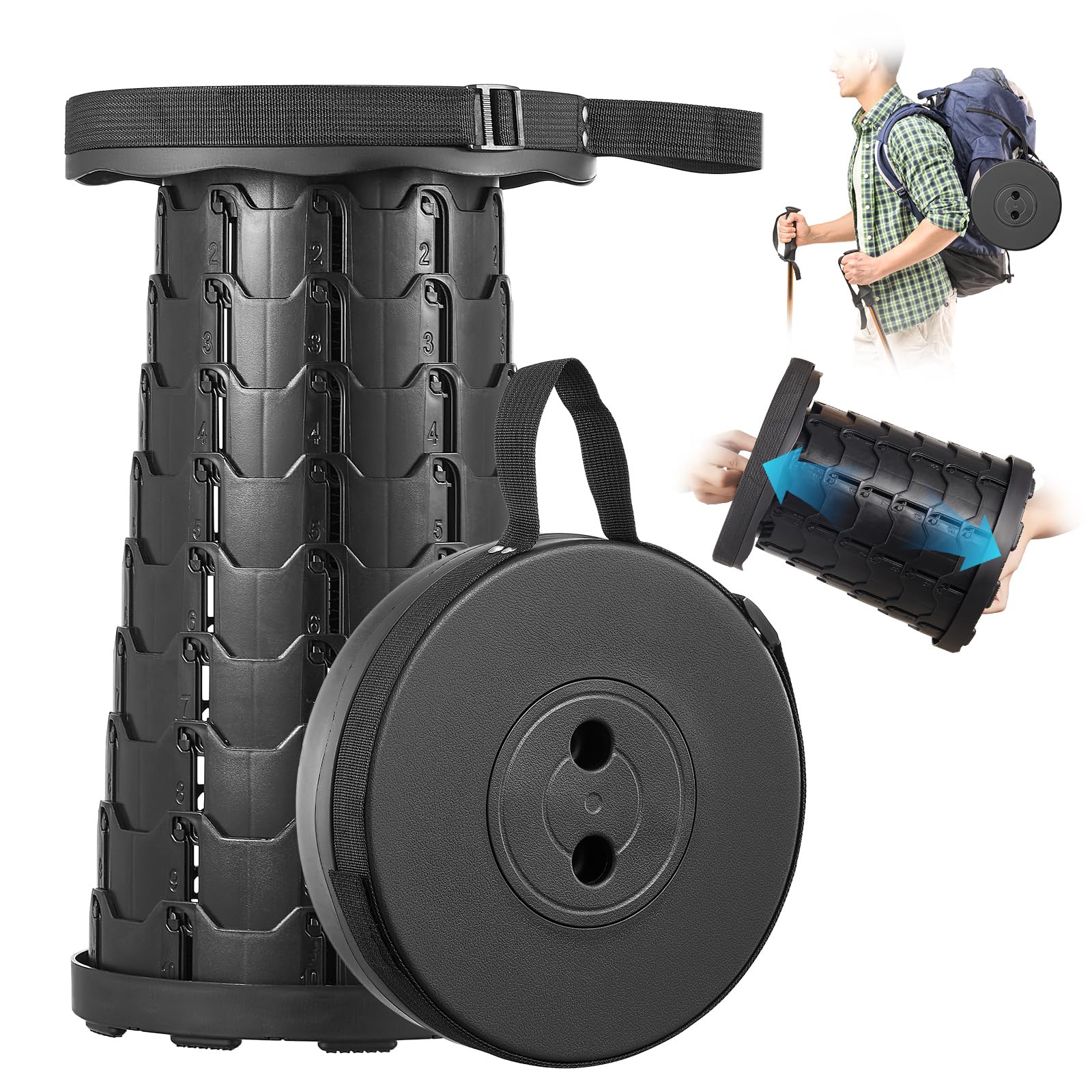 Yabano Portable Folding Stool, Lightweight & Sturdy Retractable Telescopic Stool, Collapsible Plastic Stool for Camping, Fishing, Hiking, BBQ, Outdoor & Indoor Use (Black)