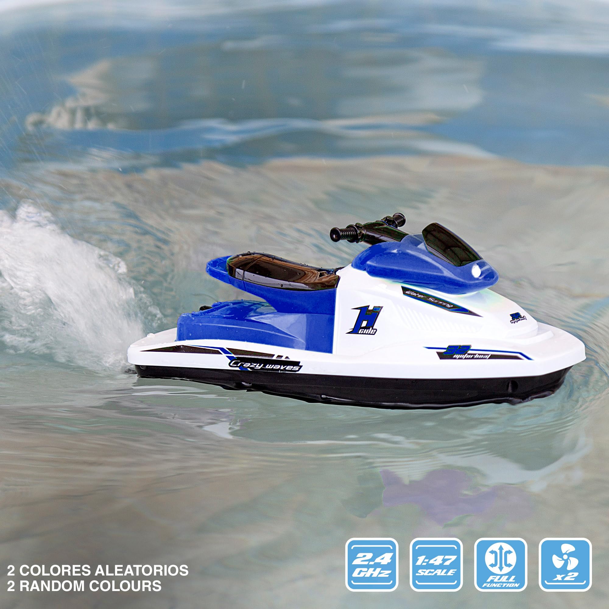 ColorBaby 49987 Motor Boat Moto de Agua teledirigida, Escala 1:47, Contiene 2 Piezas, batería incluida, Barcos teledirigidos, Moto de Agua RC, radiocontrol, Juguetes para niños
