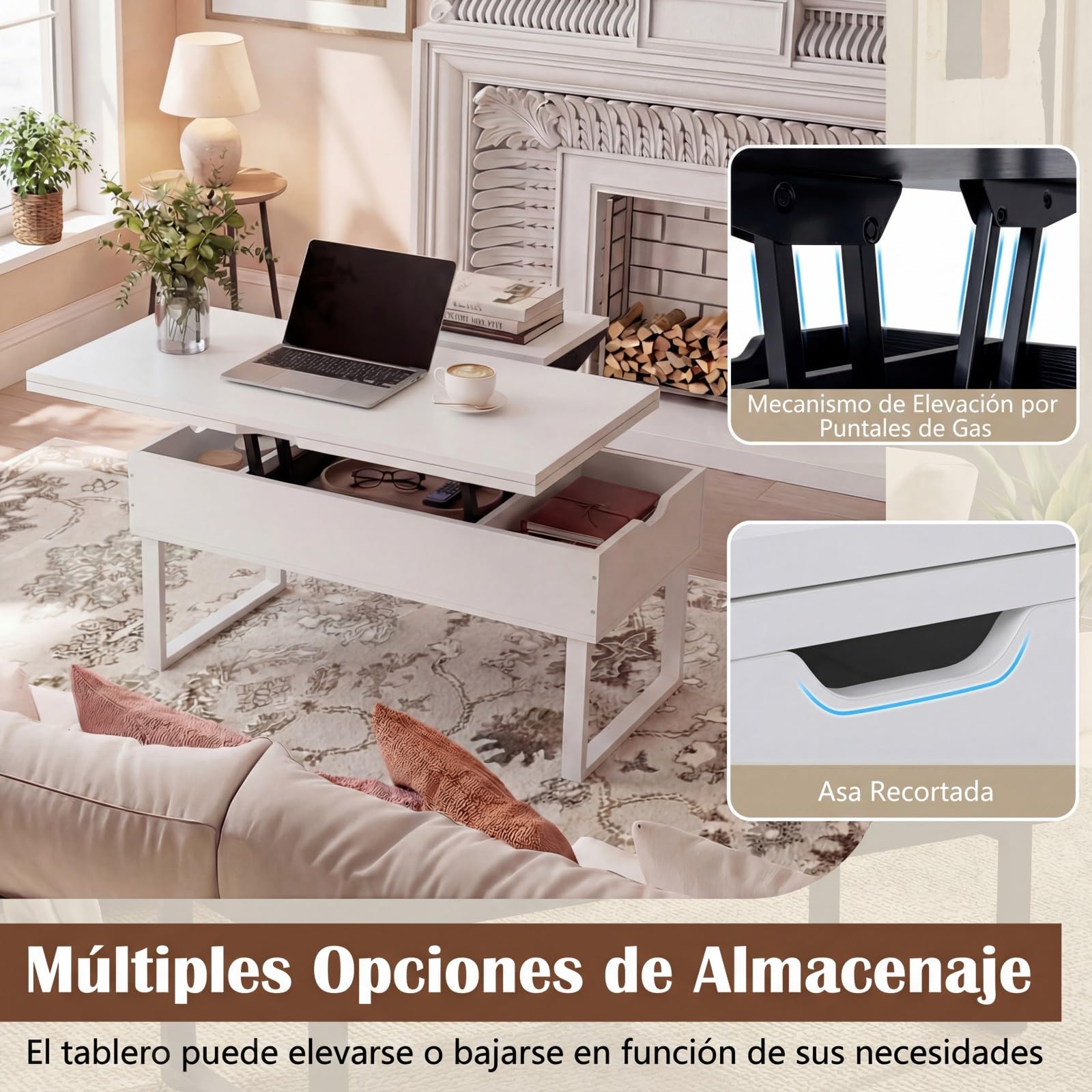 COSTWAY Mesa de Centro Elevable 3 en 1, Mesa Central Convertible con 3 Compartimentos Ocultos, Mueble de Comedor, Mesas de Cóctel de Madera para Salon, Oficina, 100 x 50 cm (Blanco)