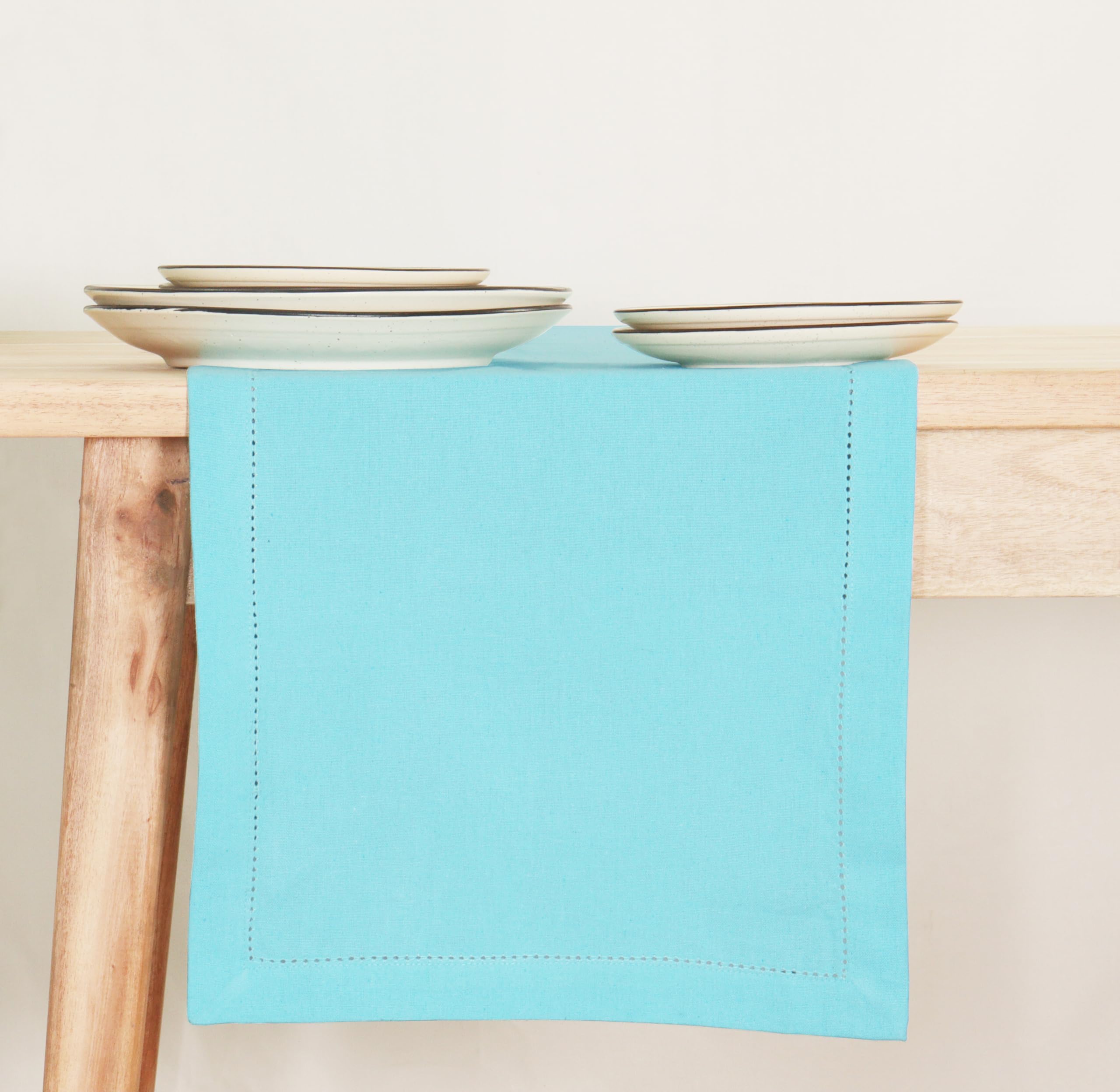PurpleEssences Aqua Blue Table Runner - Hemstitch Detail - 100% Cotton - Ideal for Fall Thanksgiving - Solid Hemstitch - 14 x 72 Inch, Perfect as 6 ft Table Linen