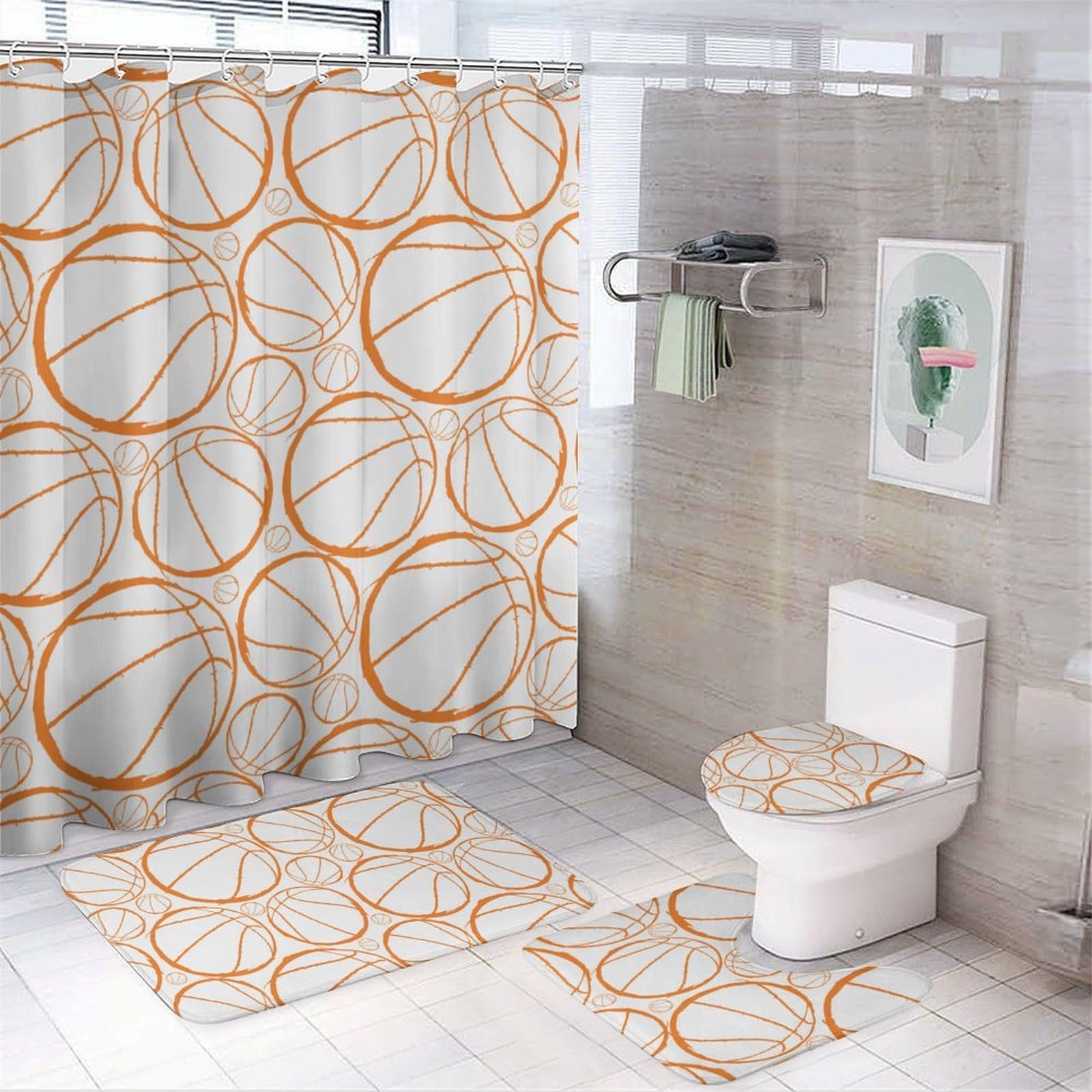 JZemdybill Bathroom Mat Set 4 Piece, Basketball Sports Pattern Shower Curtain with Non-Slip Bath Mats for Bathroom
