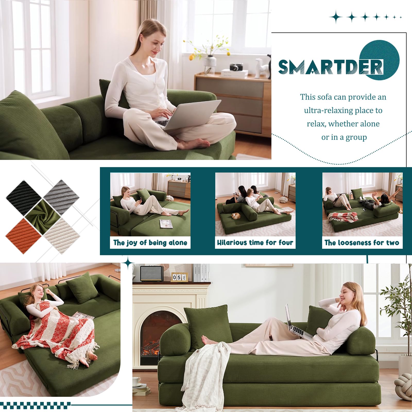 Convertible Folding Sofa Bed, Modular Floor Sofa with Removable Backrest, 3-Seater Fold Out Couch Bed with Pillows, King Size Futon Lazy Couch Corduroy Sleeper for Living Room, Dorm, Green