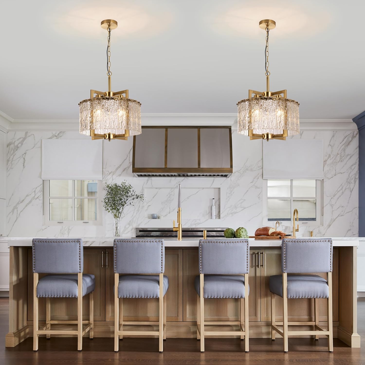 16" Gold Chandelier Light Fixture,Brass Pendant Modern Crystal Chandelier,Water Ripple Glass, Adjustable Height, Elegant Round Hanging Lighting for Kitchen Island Entryway Foyer Dining Room