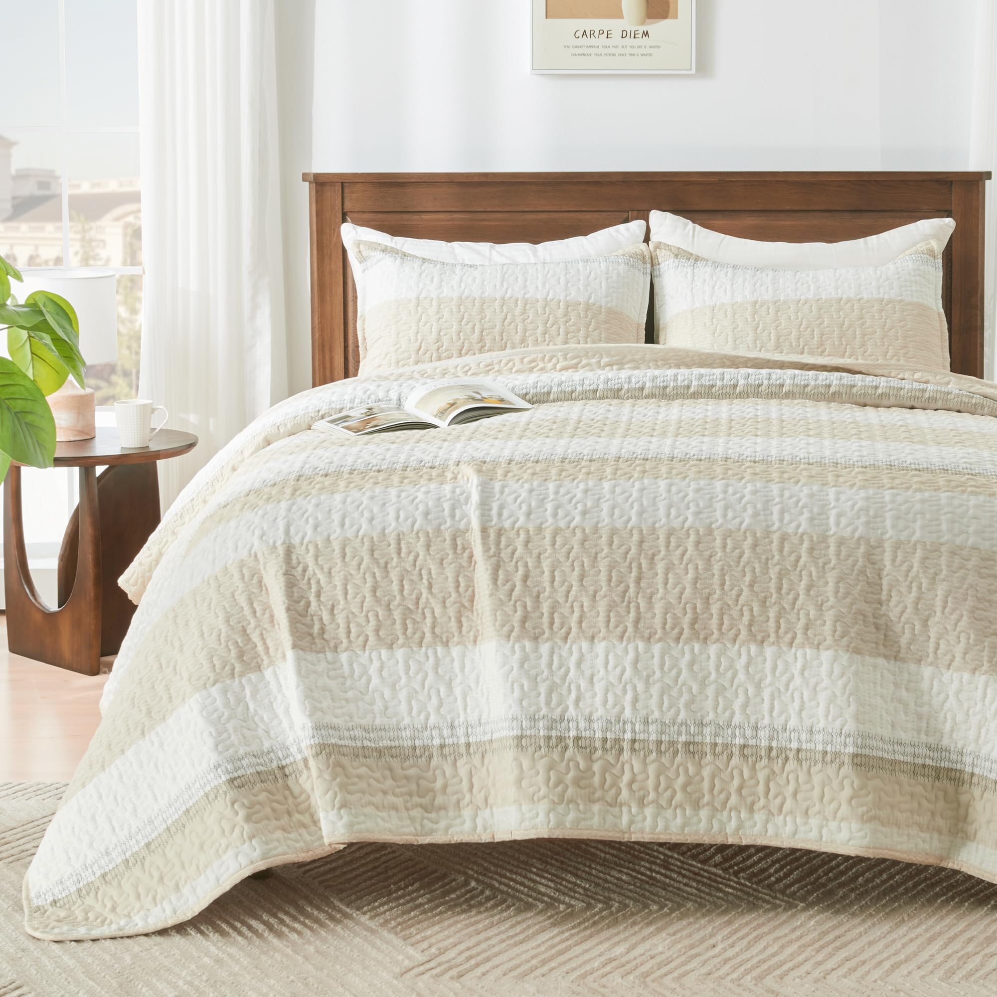 Edredón California King beige de 3 piezas ultra suave y ligero acolchado Andency
