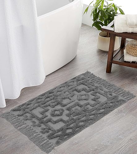 Miniatura 7 de Uphome Alfombra de baño bohemia de 2 x 3 pies, alfombra marroquí copetuda con borlas, alfombra rústica de algodón tejida lavable para entrada,