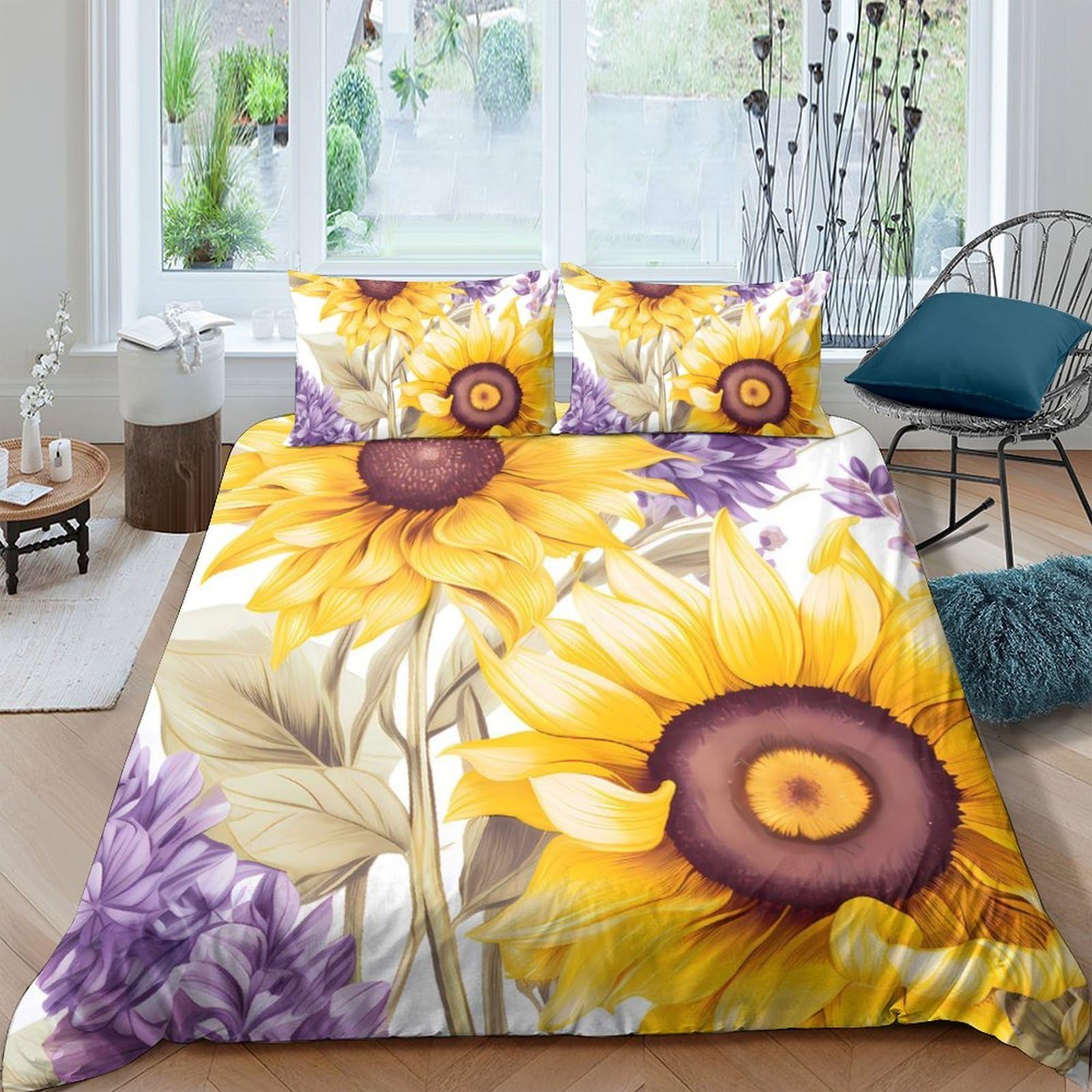 Ctjqhvkz Style-9 3D Printed Sunflower Fitted Sheet Microfiber Vibrant Floral Mattress Cover Yellow Purple Bedroom Decor Single（135X200cm）