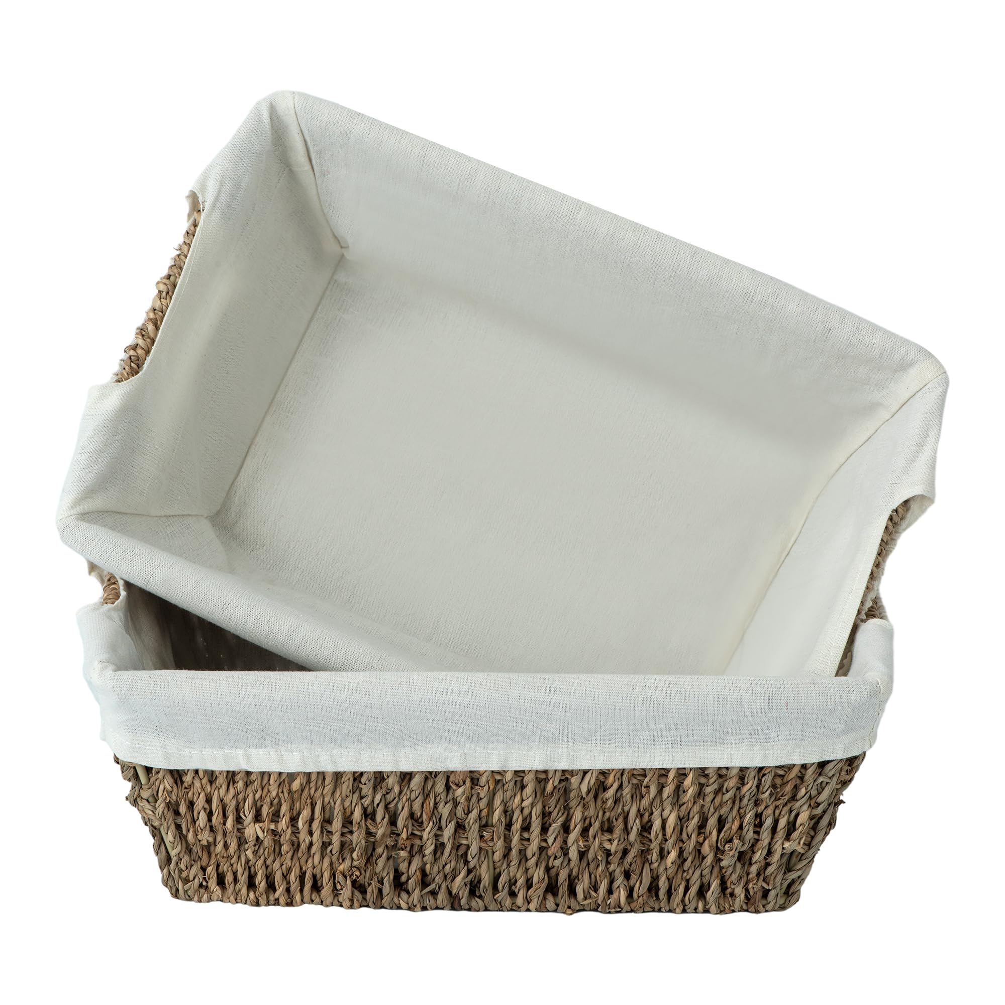 SUPTINWEAR Handwoven Seagrass Bathroom Organizer Baskets Set of 2, Decorative Storage Bins with Washable Liners & Handles for Toilet Tank, Vanity, Shelf & Countertop Organization