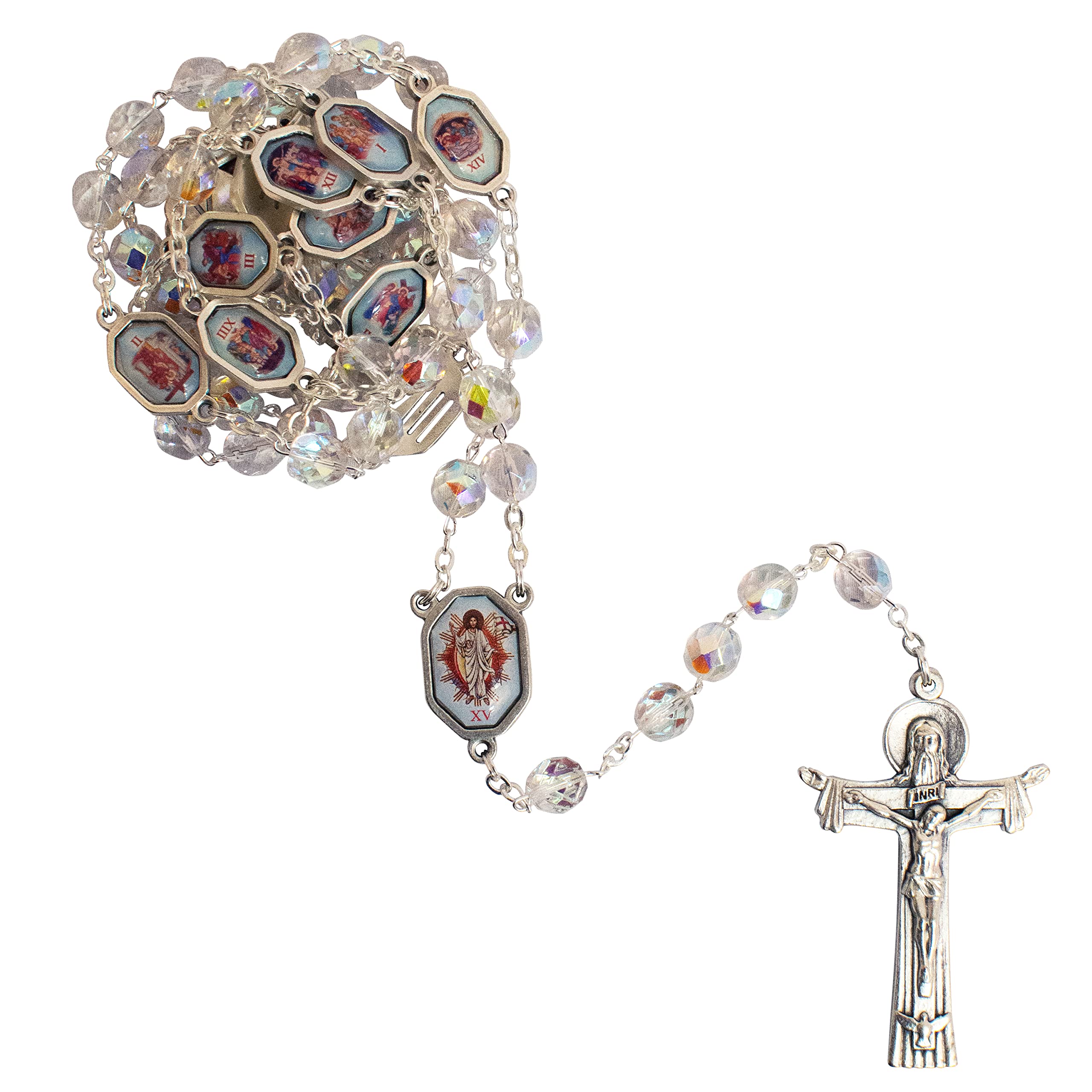 Stations of the Cross Rosary | Black Wooden or Glass Chrystal Beads | Great Catholic Gift for First Reconciliation, First Communion, or Confirmation | Lenten Devotional, 29.5 inches, Metal, No