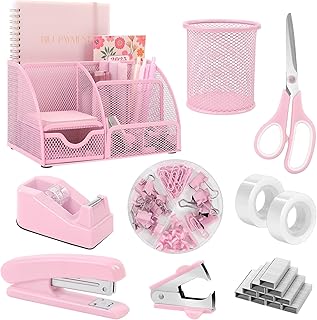 SKYDUE Pink Desk Accessories, Pink Office Supplies Set, Mesh Desk Organi...