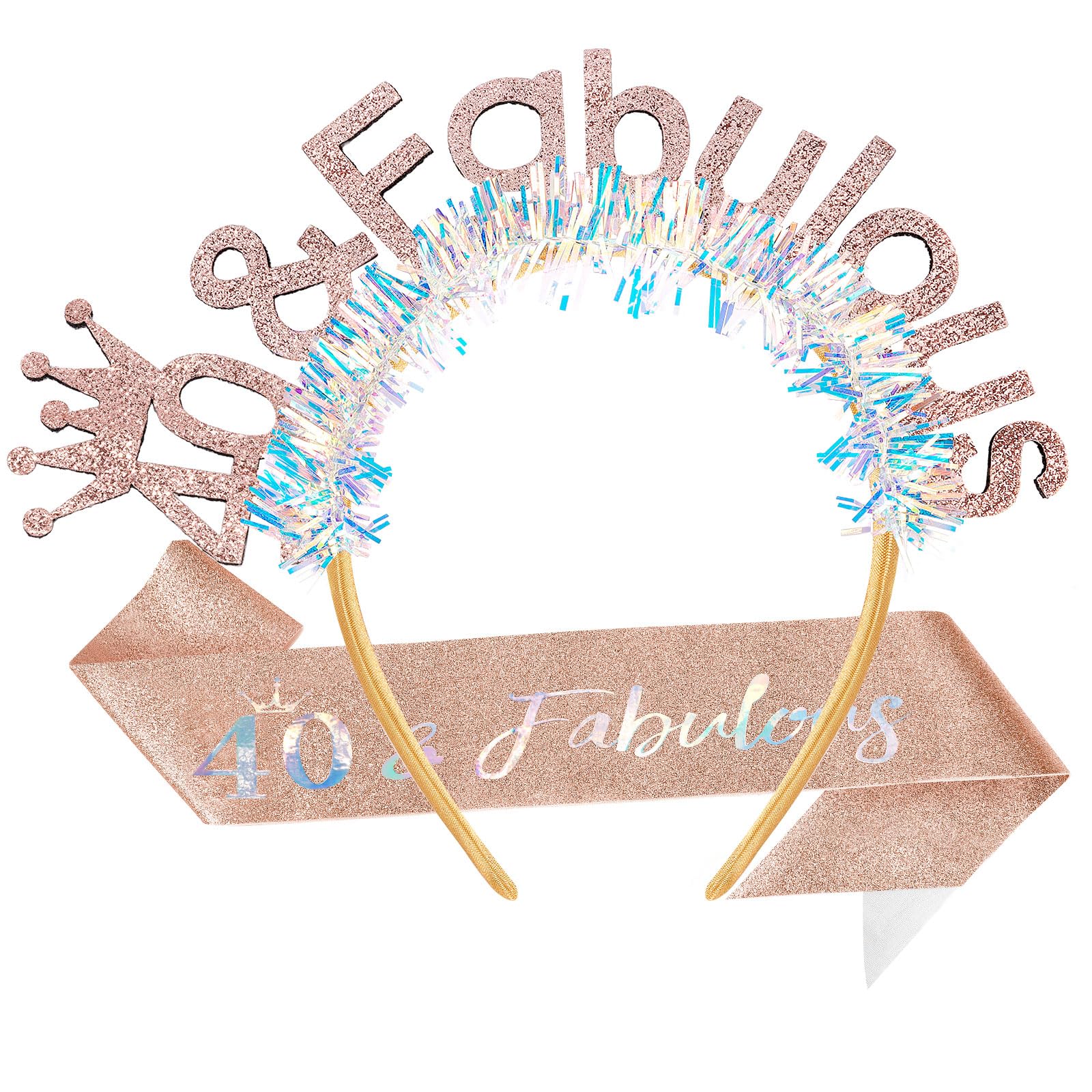 AOPRIE 40 & Fabulous Birthday Sash for Women Birthday Tiara & Crowns Headbands for Girls Happy Birthday Accessories Favor Supllies Rose Gold, 2 Pack