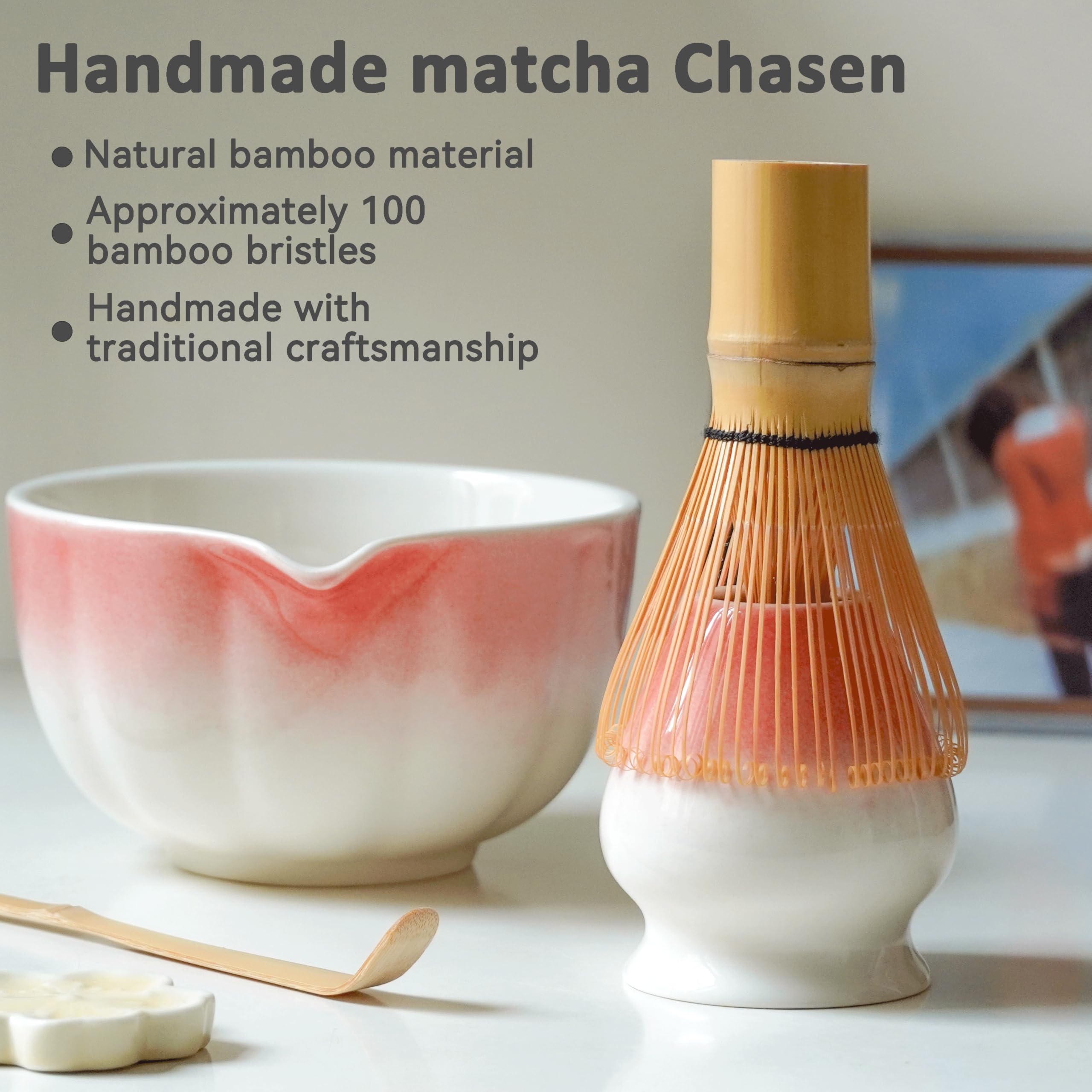 7-częściowy zestaw premium matcha – ekskluzywny zestaw do ceremonii herbaty z bambusowymi chasami (miotła), różowa miska ceramiczna, łyżka i akcesoria, oryginalny prezent do matchy
