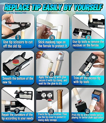 Miniatura 3 de Kit de reparación de puntas de taco de billar 11 en 1, herramienta profesional todo en uno para dar forma, reemplazo, mantenimiento. Kit de puntas