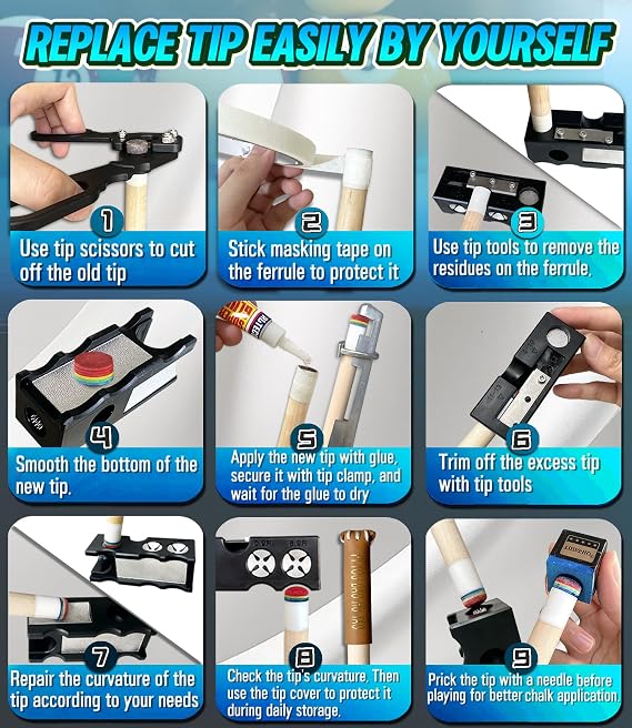 11-in-1 Pool Cue Tip Repair kit, Professional All-in-One pool stick Tip Tool for Shaping, Replacement, Maintenance. Tips Shaper & Scuffer kit, Pool Cue trimmer - For Billiards Enthusiasts & Pros