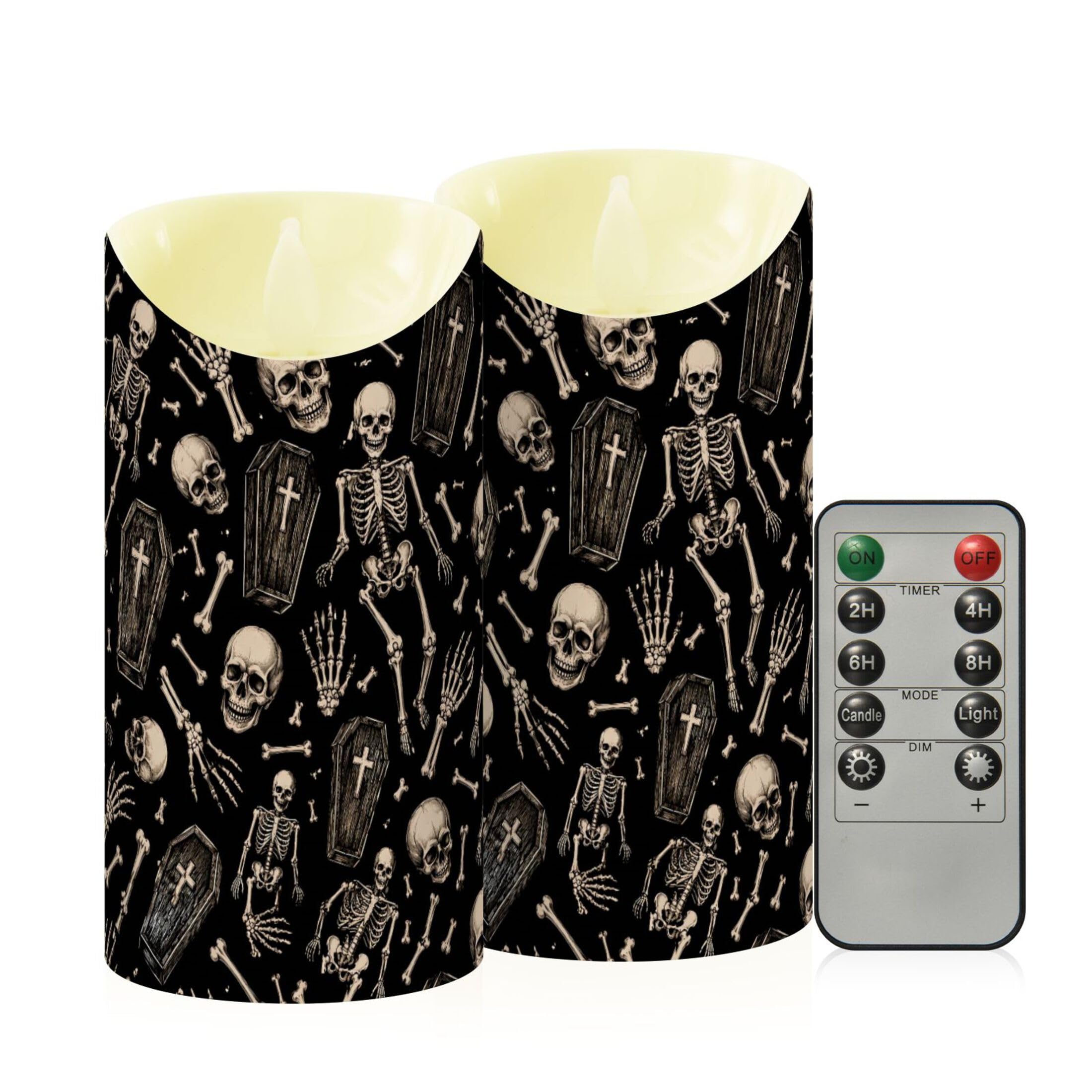 Fuauuyl Skeleton LED Flameless Candles Flickering Plastic Pillar Candles Battery Operated Votive Candle with Remote Control and Timer, Home Decoration 2 Pack