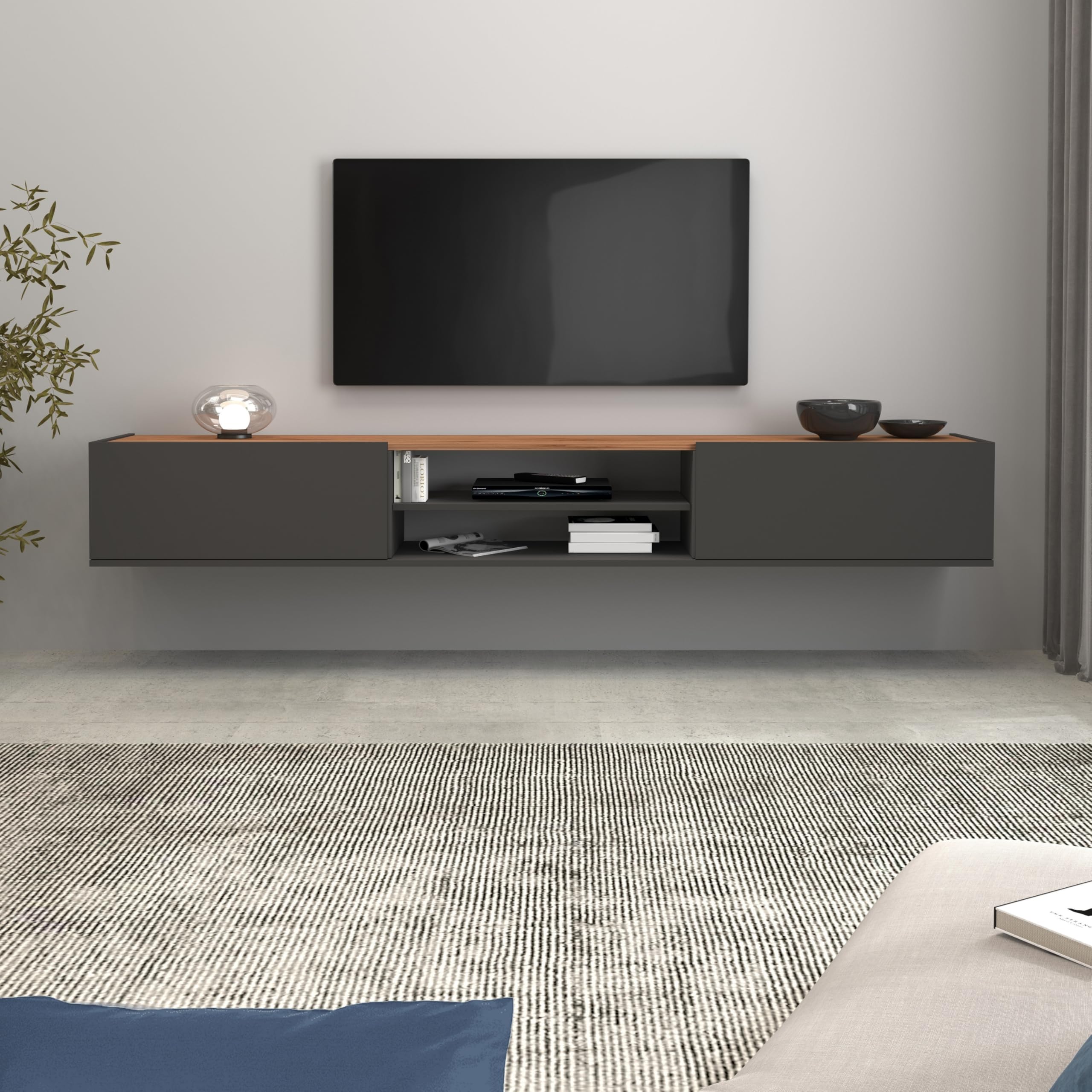 WHOUS Mobile Porta TV Sospeso GARDA per Soggiorno con 2 Ante a Ribalta e 1 Ripiano Centrale, Mobile Tv a Parete per Salotto, 210x35x30 cm, Antracite Opaco e Rovere