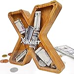 Custom Wooden Piggy Bank, (Laser Engraved Name) Creative Twenty-Six English Alphabet Letter Storage Tank Personalized Letter Coin Bank Customized Wood Toy DIY Name Letter Kids Money Bank (X)
