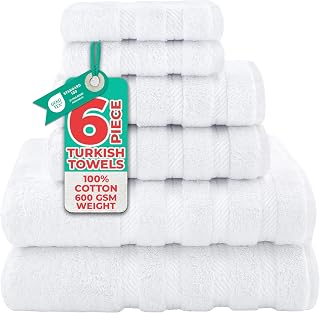 American Soft Linen 6-Piece Turkish Cotton Towel Set - 600 GSM 100% Cotton, 2 Bath, 2 Hand, 2 Washcloths, White - Ultra Soft & Absorbent
