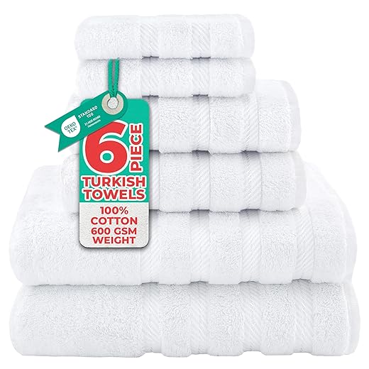 American Soft Linen Luxury 6 Piece Towel Set, 2 Bath Towels 2 Hand Towels 2 Washcloths, 100% Turkish Cotton Towels for Bathroom, White Towel Sets