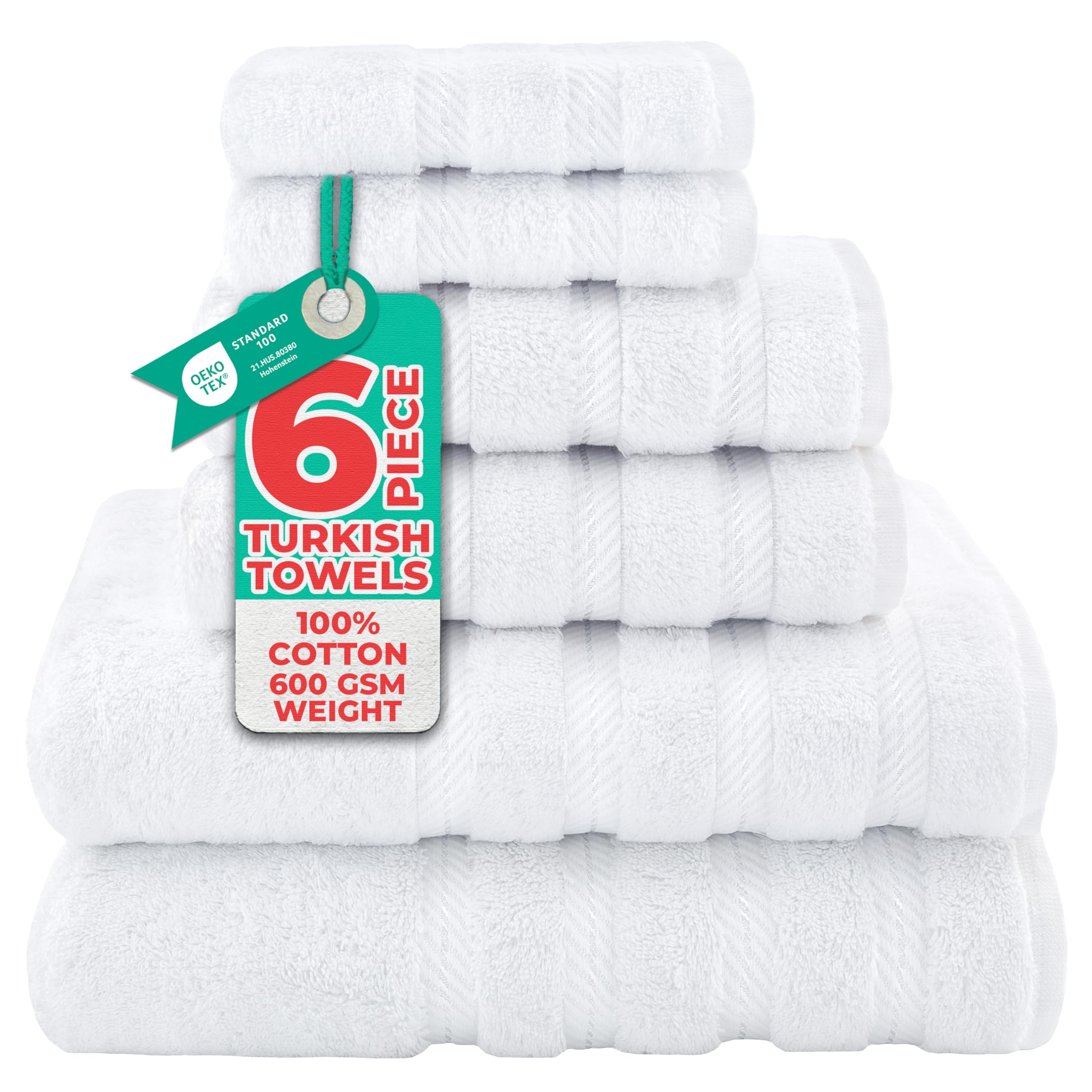 American Soft Linen Luxury 6 Piece Towel Set, 2 Bath Towels 2 Hand Towel 2 Washcloths, 600 GSM 100% Cotton Turkish Towels for Bathroom, White Towel Sets