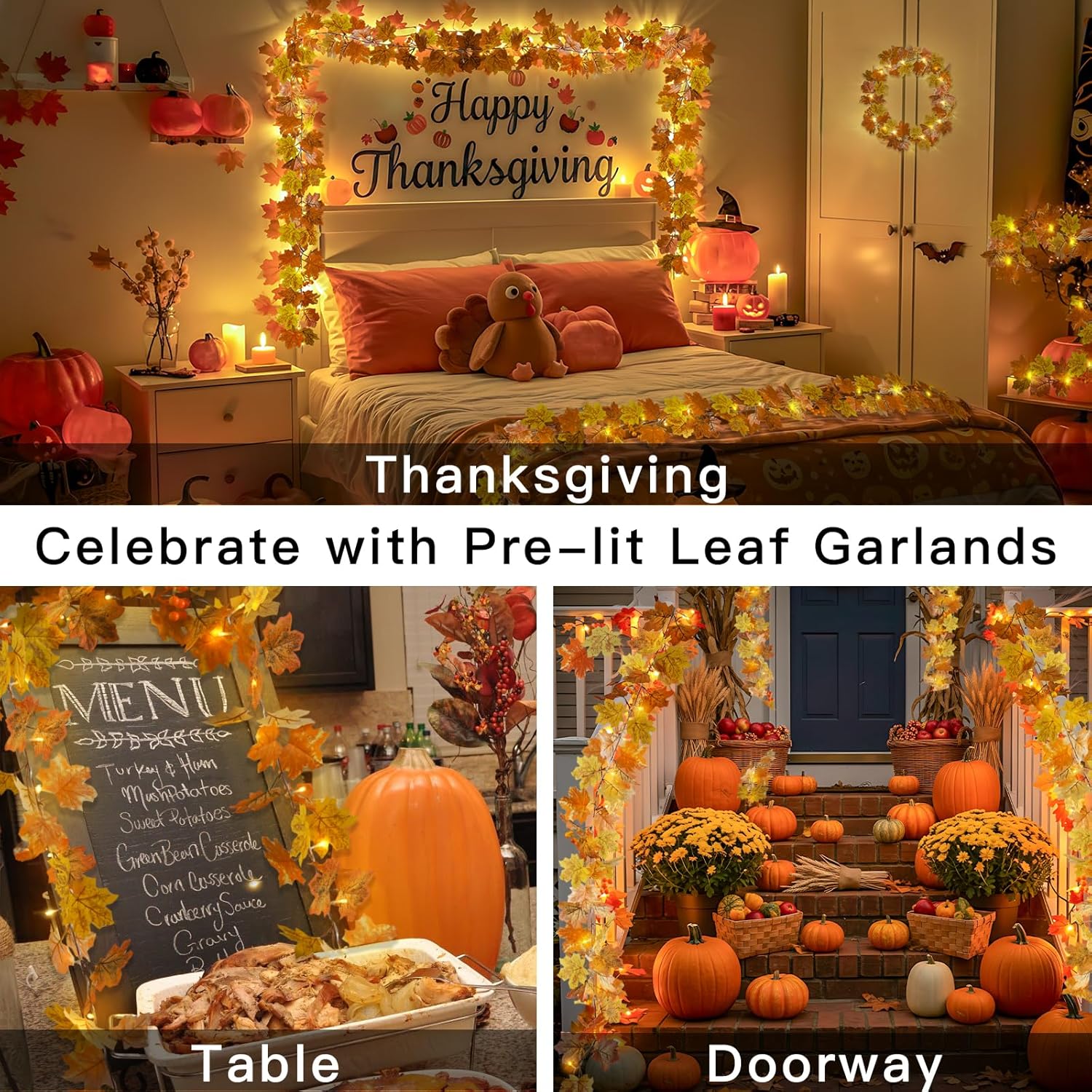 suddus Fall Leaves Garland with Lights, 20LED Battery Operated Fall Lights with Timer, Thanksgiving Decoration for Home, Table, Mantle, Office, Outdoor, Autumn, Halloween, Yellow