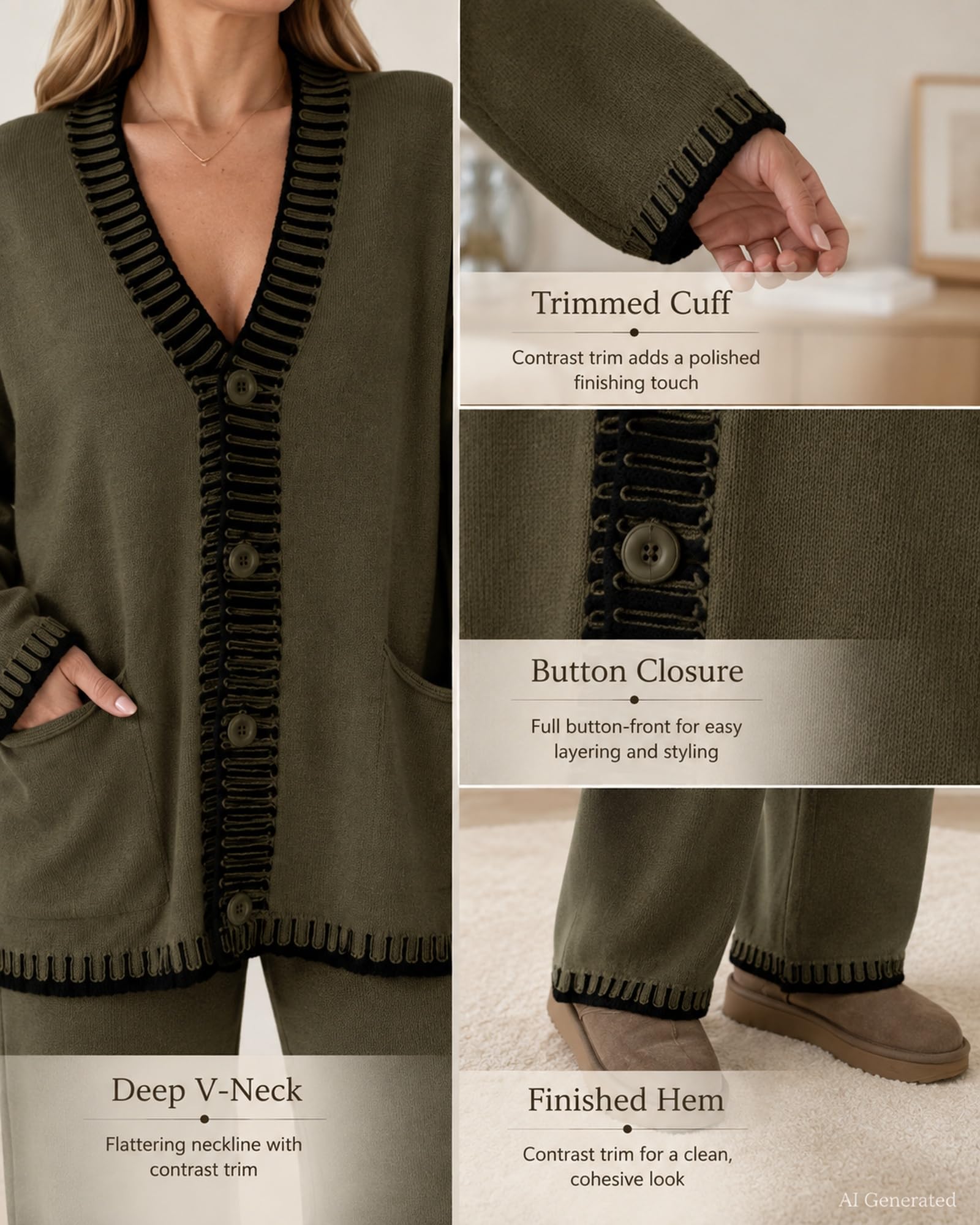 Women Two Piece Knit Set Button Front Cardigan And Matching Pants