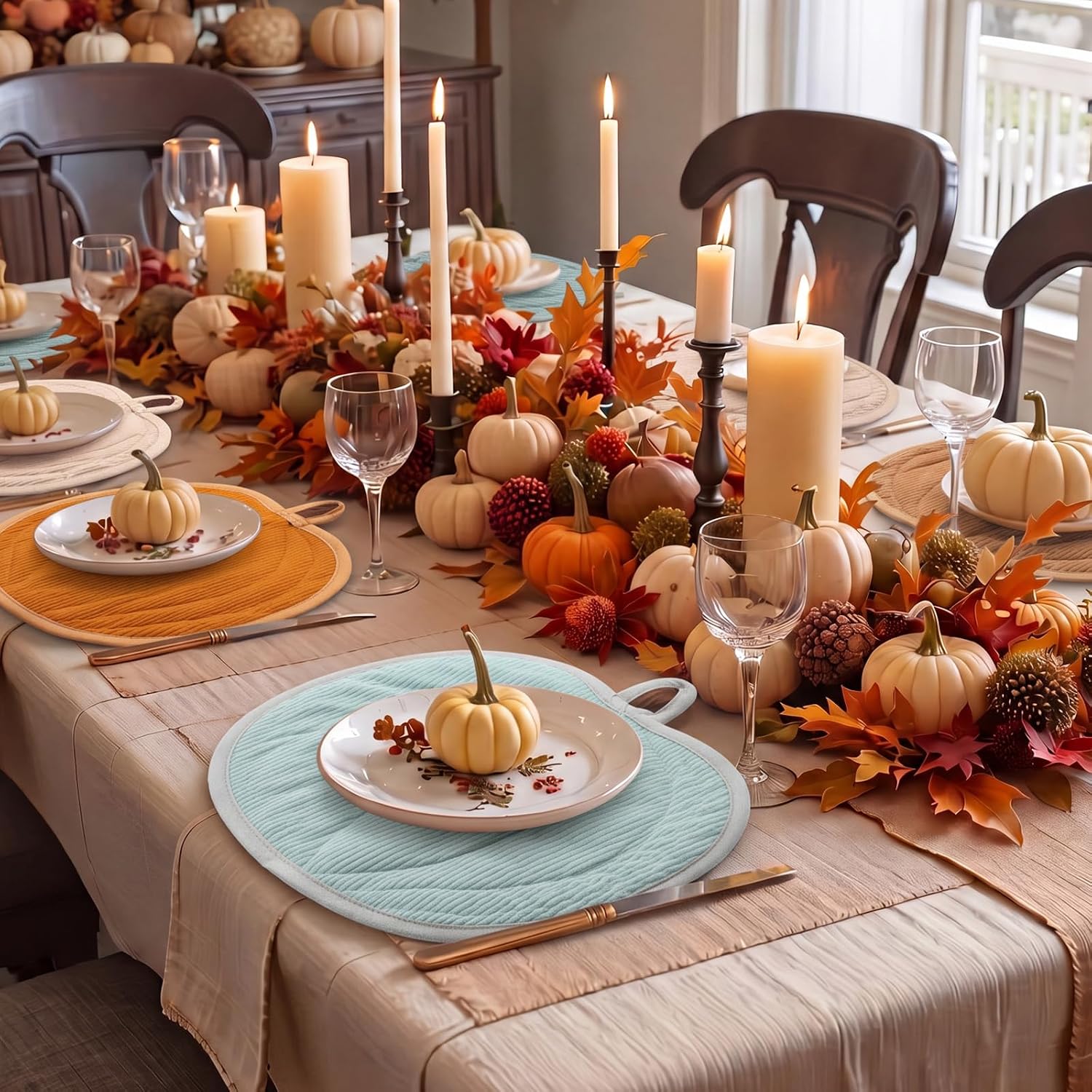 Potchen 4 Set Fall Pumpkin Placemats, Rustic Autumn Table Mats Decoration