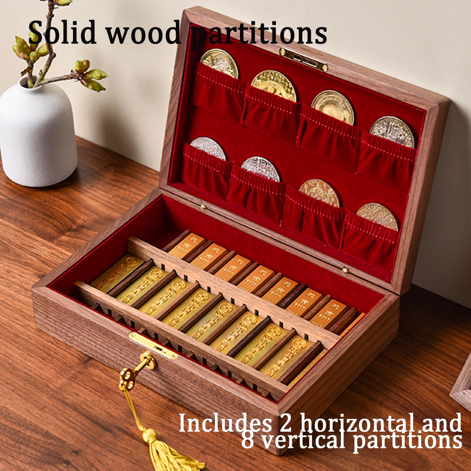 Caja expositora de monedas, organizador de almacenamiento de madera con divisor de terciopelo y bandeja multiranura para lingotes y monedas conmemorativas