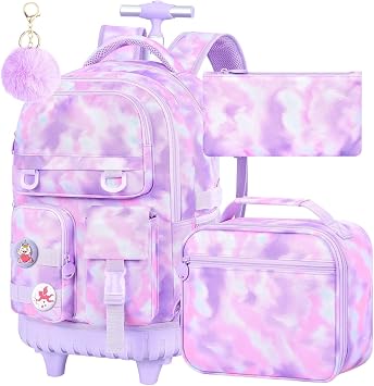 CCJPX Rolling Backpack for Girls, 3Pcs Roller Wheeled School Bookbag, Tie-dye Wheels Backpacks with Lunch Box for Kids Pink