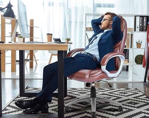 Miniatura 3 de Silla de oficina ergonómica, sillas de oficina de cuero sintético con respaldo alto con ruedas y brazos, altura ajustable, silla ejecutiva cómoda,