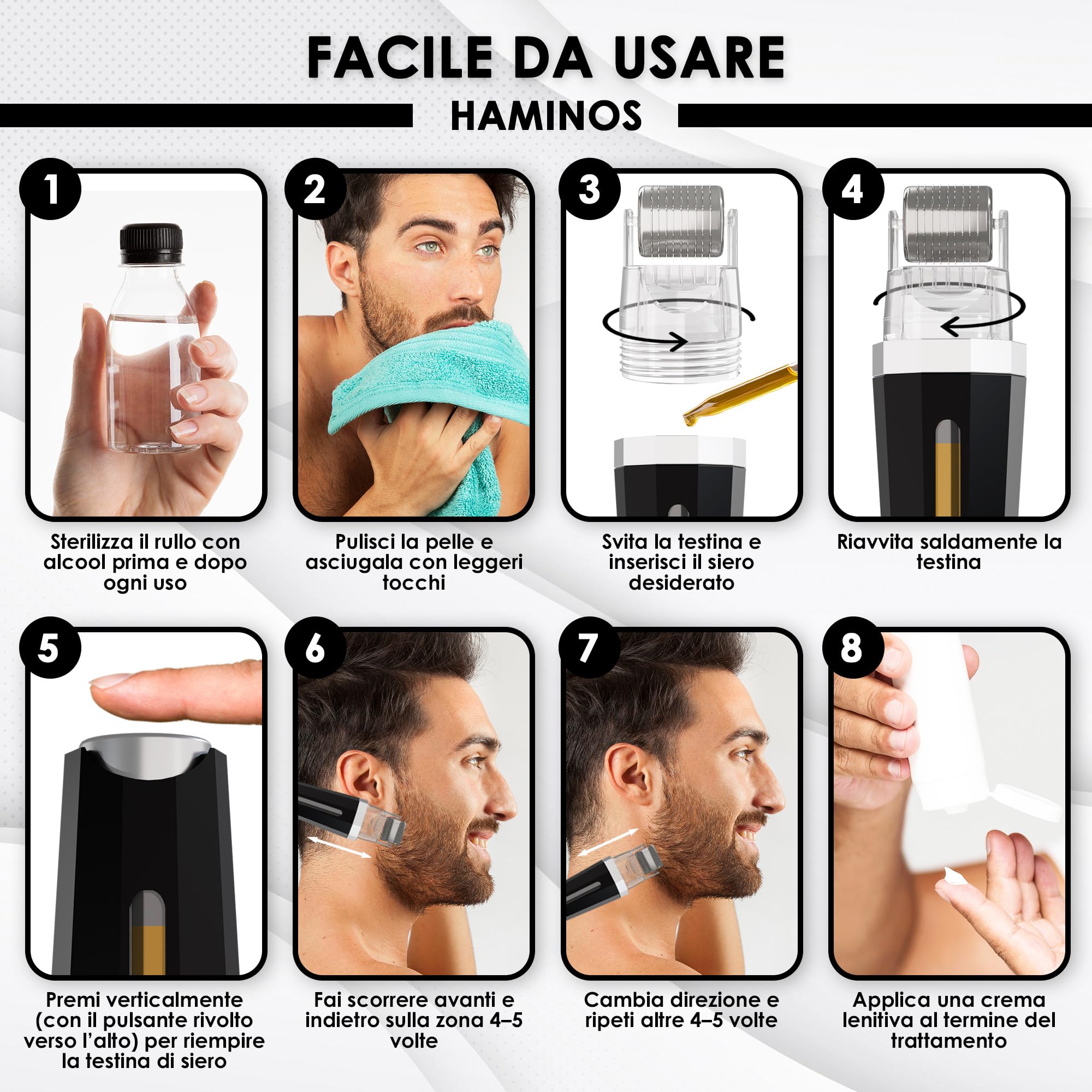 HAMINOS Derma roller 0,5 mm 3.0 con Serbatoio per Capelli, Barba, Pelle, Rughe, Smagliature, Iperpigmentazione APPLICAZIONE DEL SIERO ISTANTANEO, 520 aghi in titanio