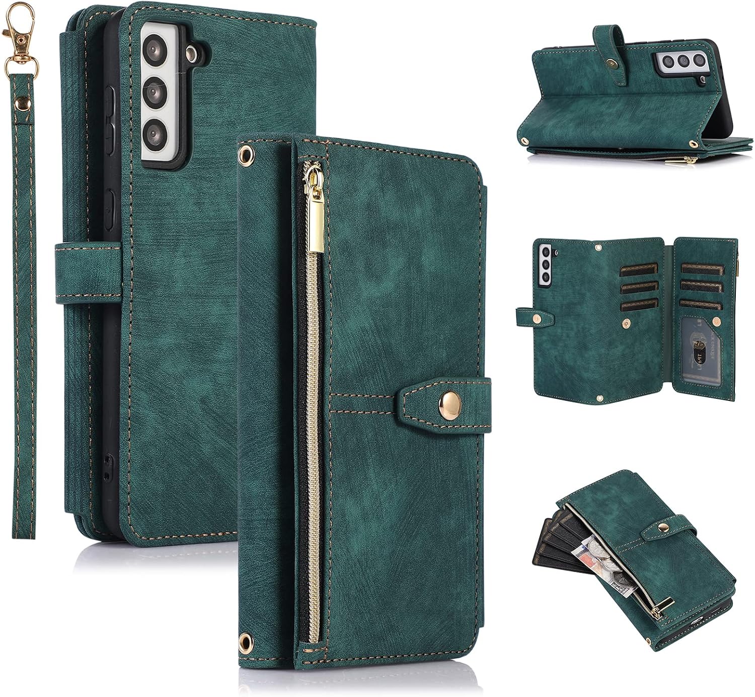 UEEBAI Case for Samsung Galaxy S22 5G, 9 Card Slots Retro Leather Wallet Shockproof Flip Cover with Hand Strap Card Slots Zipper Pocket Kickstand Handbag Magnetic Closure - Retro Green