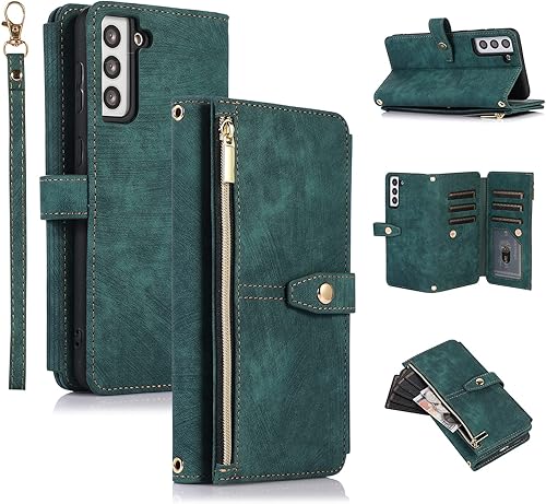 Miniatura 63 de UEEBAI Funda para Samsung Galaxy S21 FE 5G, 9 ranuras para tarjetas, cartera de cuero retro a prueba de golpes, con correa de mano, ranuras