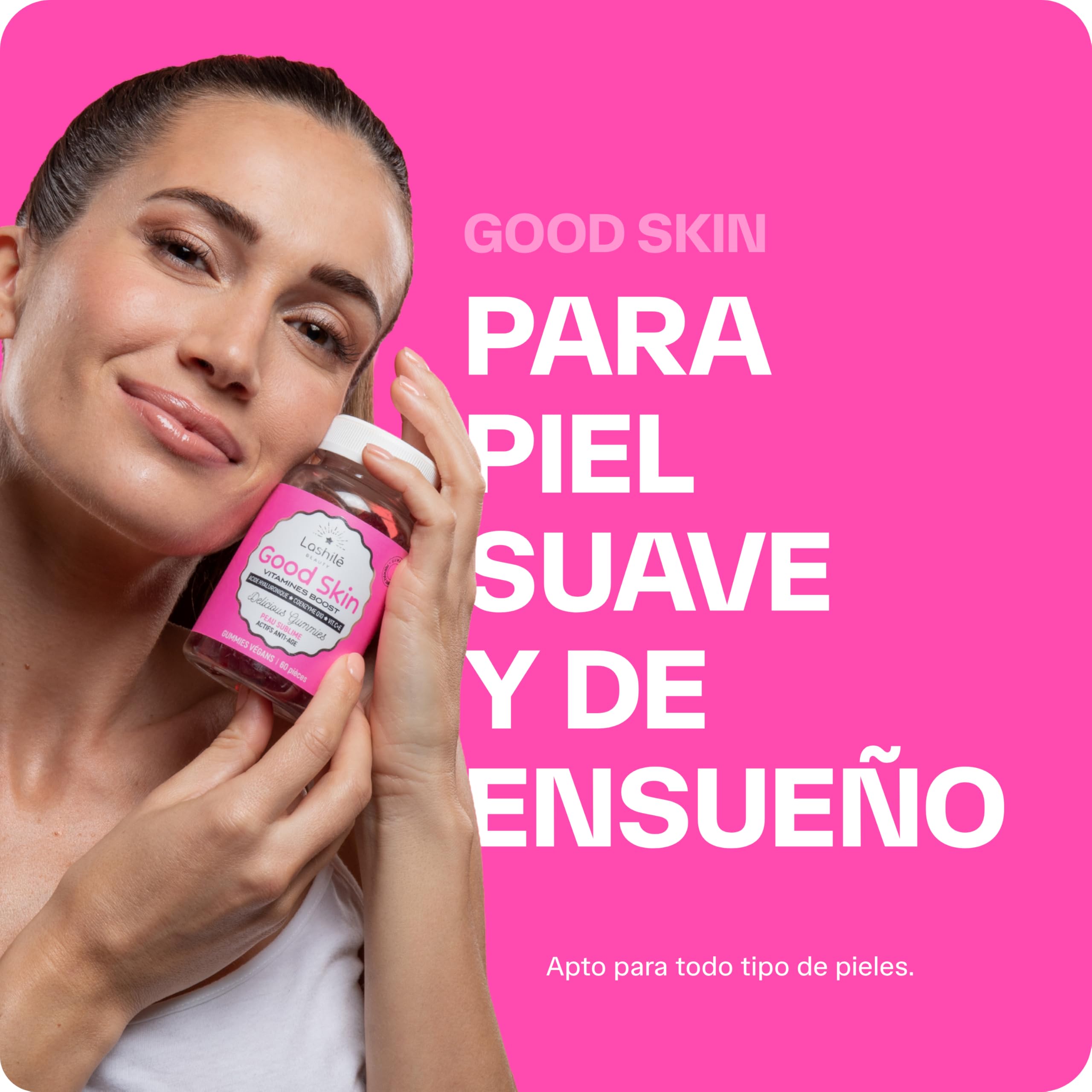 Lashilé Beauty - Complementos Alimenticios - Antiedad global, firmeza y luminosidad de la piel - Good Skin Vitamines - Ácido hialurónico, Q10, Vitaminas C y E - Fabricado en Francia - 120 Gummies