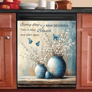 Generic Retro Flower Dishwasher Magnet Cover Front Door Butterfly Refrigerator Decorative, Inspiring Quotes Magnetic Sheet Sticker Wash Machine Fridge Panel Decal for Kitchen Appliance 23x26 in