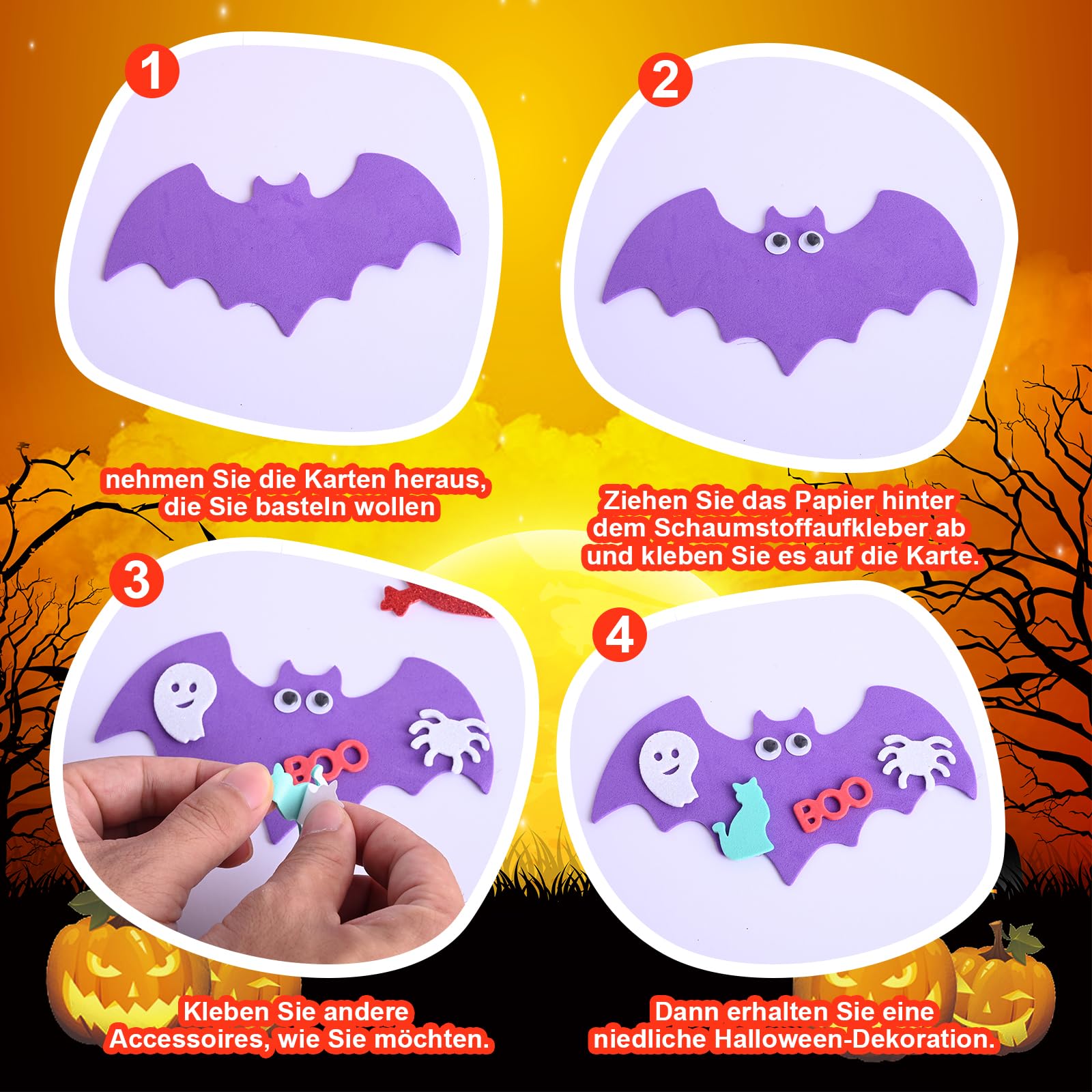Jusduit Halloween Bastelset – 16 Schaum-Kürbisse + 16 Gesichtssticker, DIY Dekoration Für Kinder