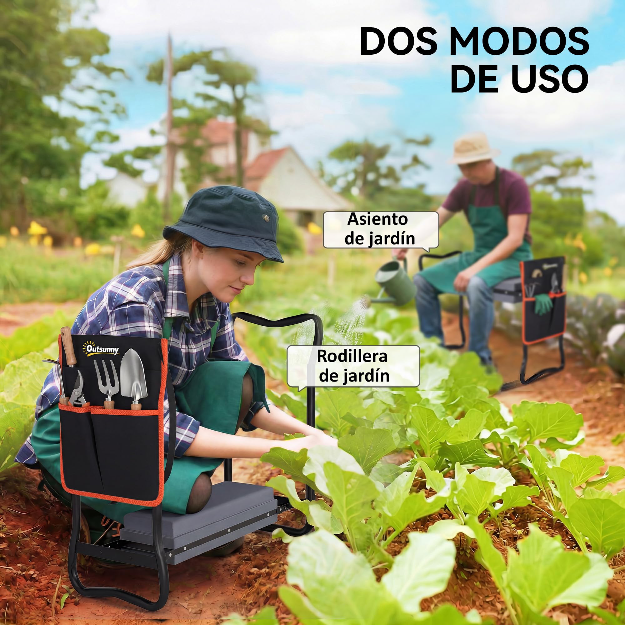 Outsunny Taburete de Jardín Plegable con Almohadilla de Espuma EVA, Asiento de Jardín Portátil con Bolsa para Herramientas en Cintura, Carga 150 kg, Regalo para Jardineros, Ancianos, Negro