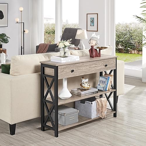 Miniatura 7 de Yaheetech Mesa consola con cajón, mesa de entrada con estantes de almacenamiento de 3 niveles, mesa de sofá larga estrecha para entrada, sala de