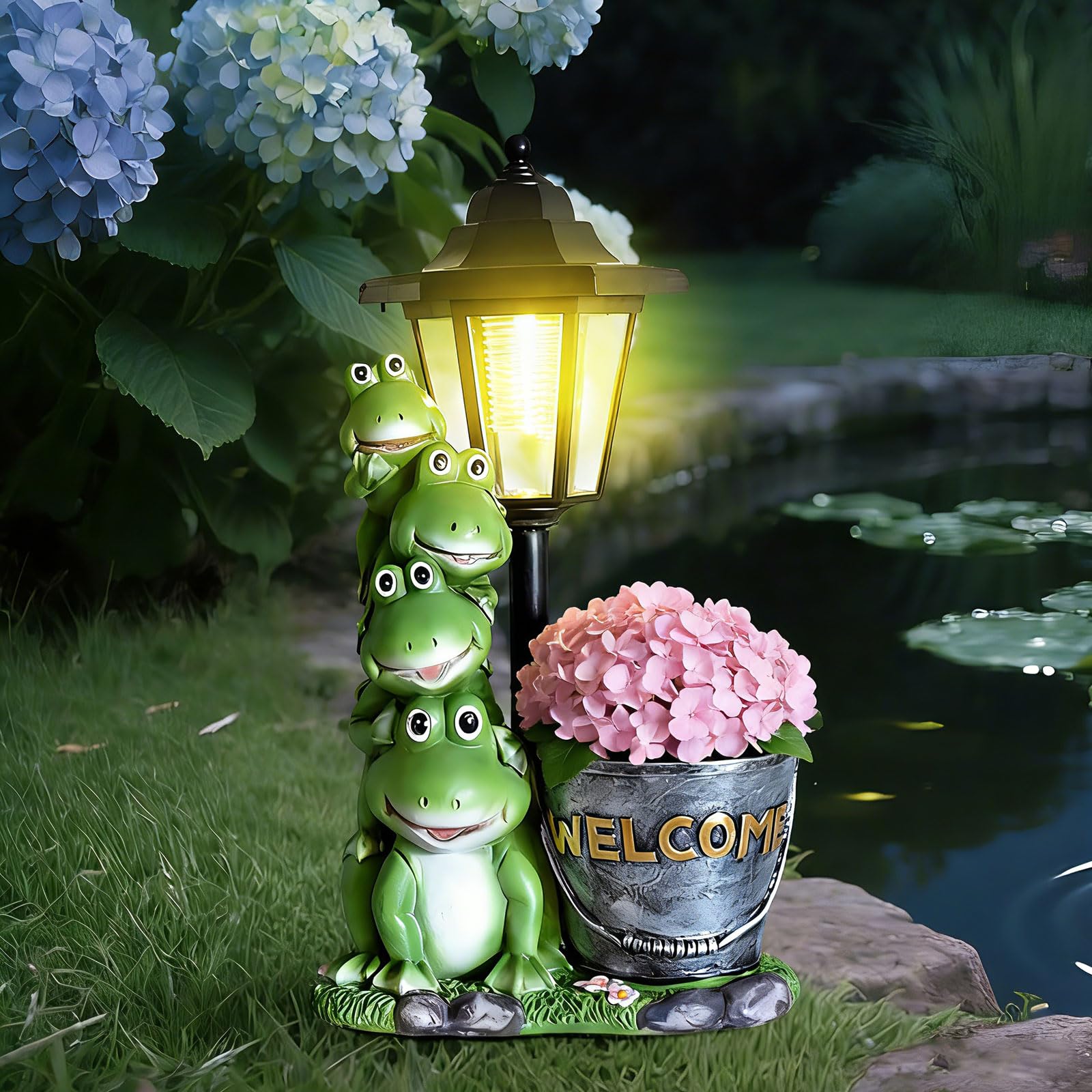 Estatua solar de rana para exteriores, adornos familiares de rana de 13.4 pulgadas con linterna y maceta para decoración de jardín, balcón, patio, césped, regalos de cumpleaños para mujeres