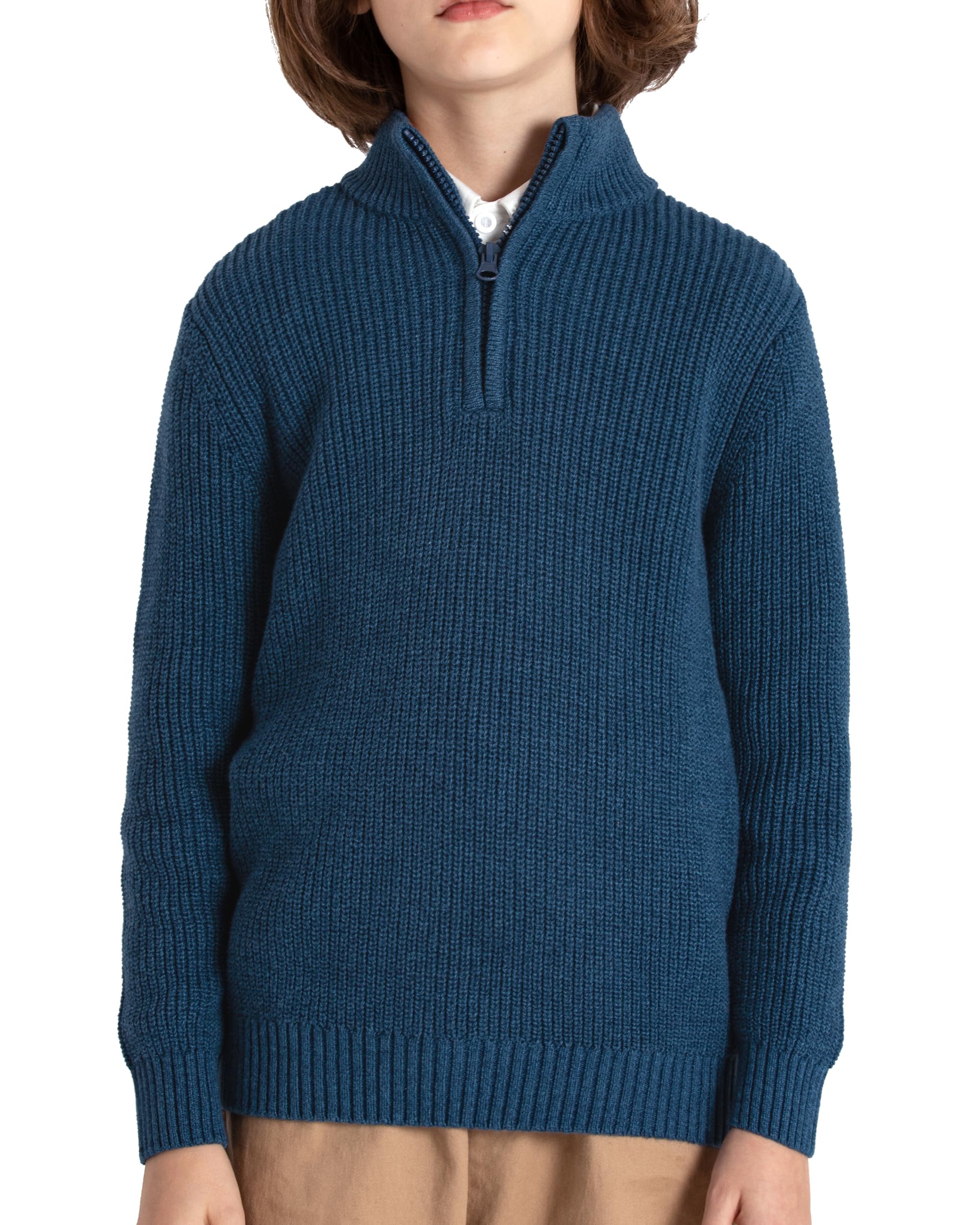 BOBOYOYO Boys Sweater Qurter Zip Pullover 100% Cotton Cable Knit Sweater Casual Long Sleeve Turtleneck for Kids 3-16 Years