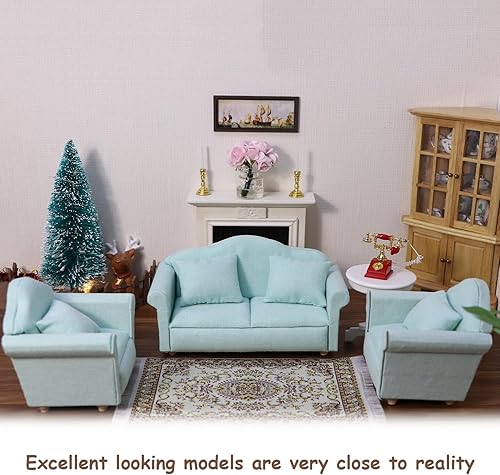 Miniatura 6 de Sofá de casa de muñecas con almohada, sofá miniatura a escala 1 y 12, muebles de sala de estar, marco de tela de madera, silla de lectura