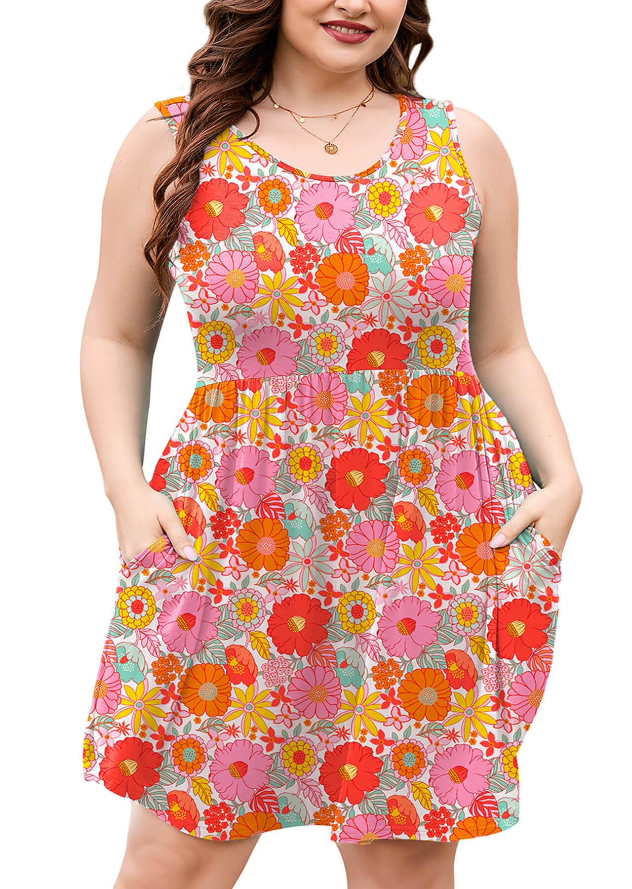 AusLook Plus Size Summer Tank Dress for Women Casual Sleeveless Crewneck Pleated Babydoll Swing Sundresses with Pockets 1X-5X