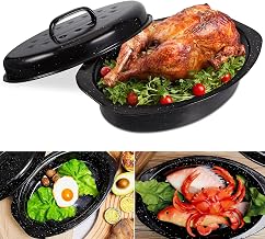 Laedau Granite Roaster Pan 13 Inch Multi Use Oval Roaster with Lid Small Granite Roaster Pot for Turkey, Small Chicken, Roast Baking Pan, Black Speckled Enamel Cookware, Roast 7 Lb Birds