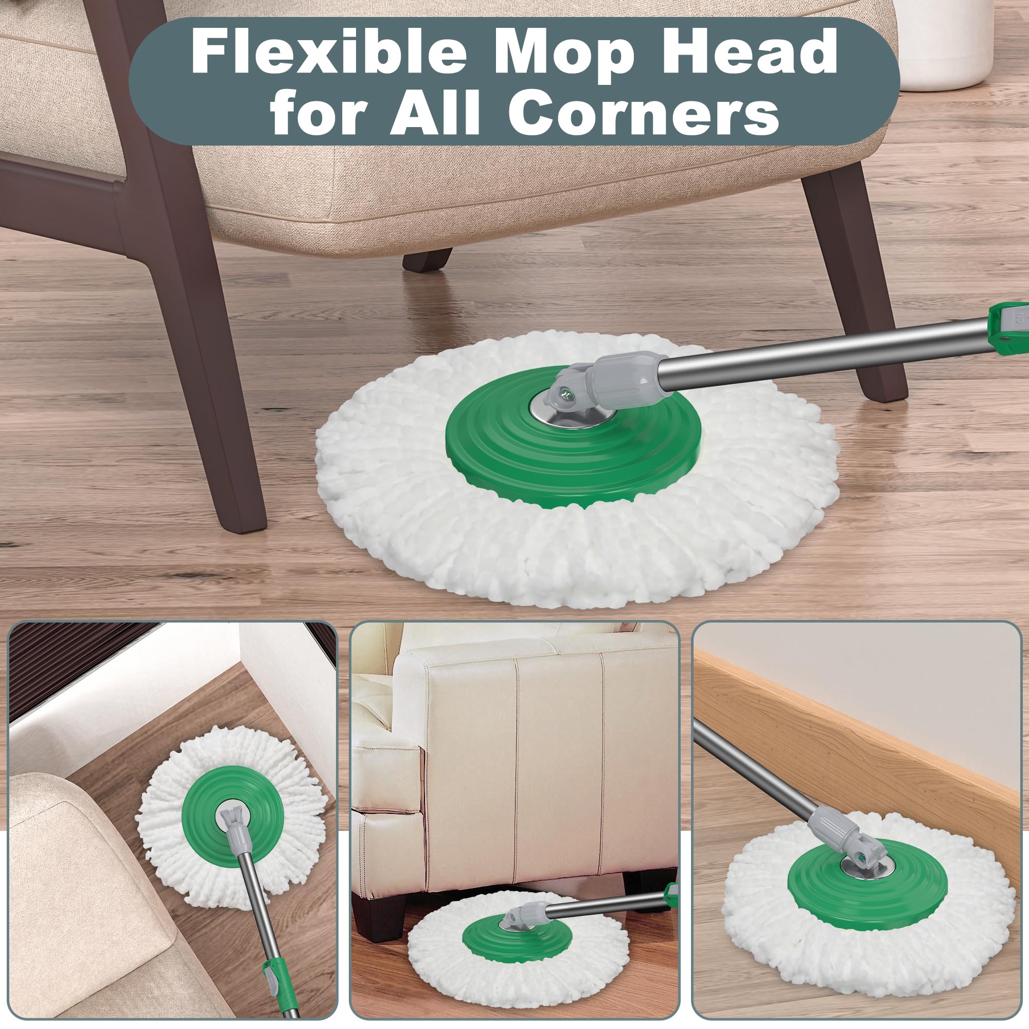 Mopa giratoria de doble compartimento y cubo, fregona y cubo con juego de escurridor, fregona giratoria de 360° para limpieza de suelos con 6 cabezales de repuesto de microfibra, mango extendido de 61