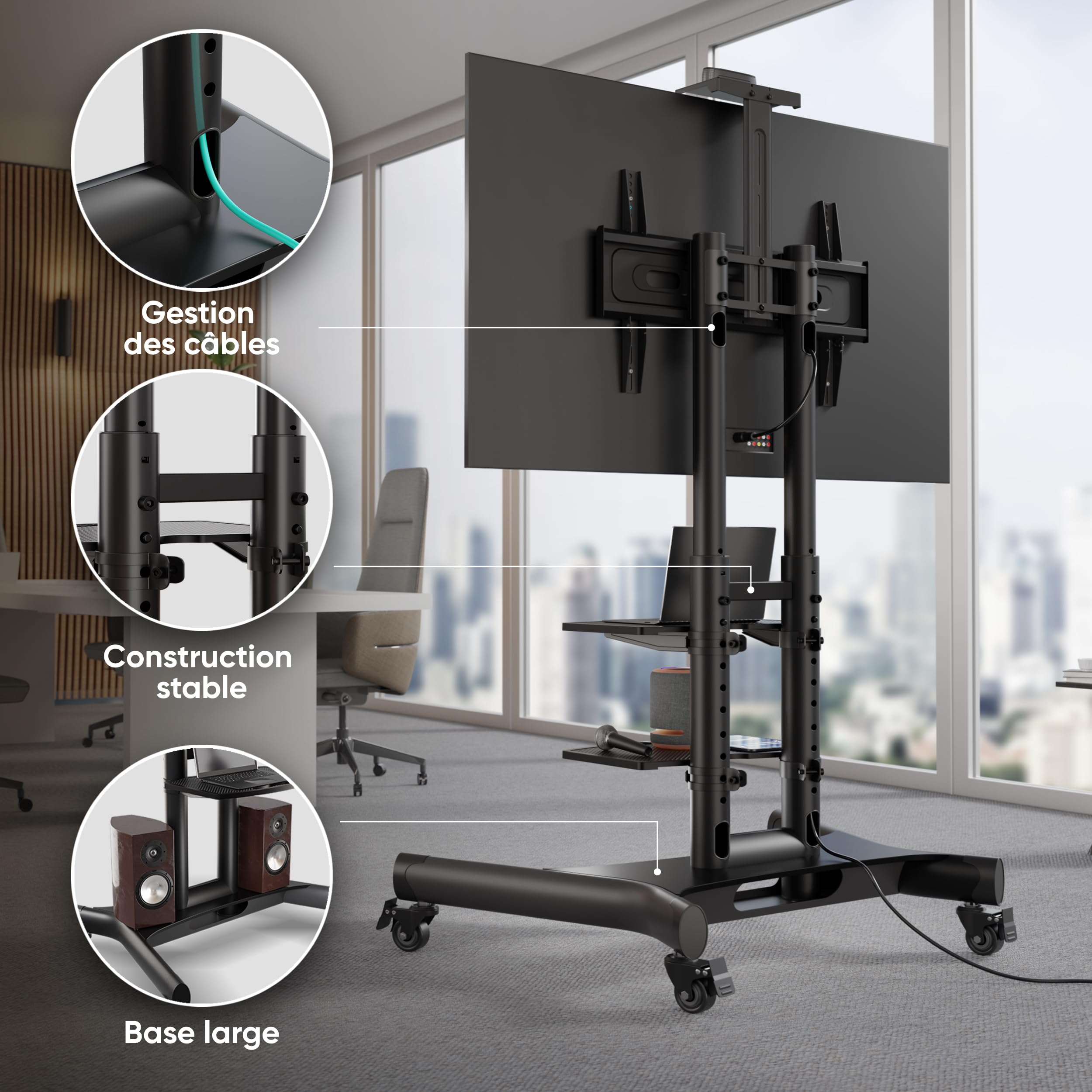 ONKRON Support TV roulettes pour 40-70 Pouces, Support Television Professionnel Poids de 60,5 kg, Chariot Télé Mobile Max VESA 600x400, Support TV sur Pied avec roulettes Noir TS1552-B