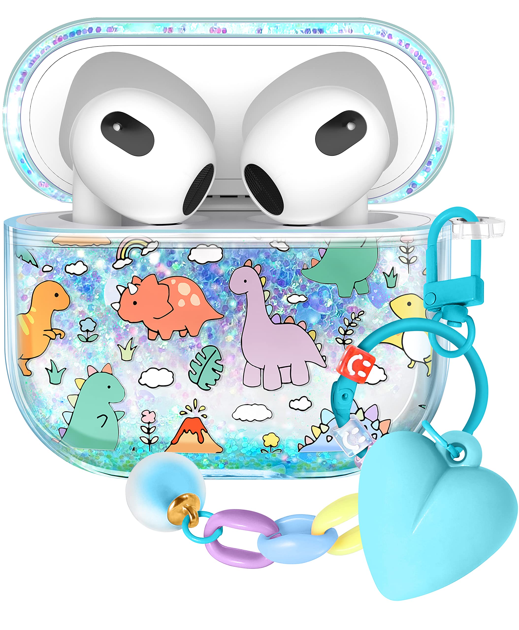 Kokaaee for Apple for Airpod 3 Case - Quicksand Kawaii Cute Girly Aesthetic Girls Women Protector Liquid Sparkle Glitter Bling Sparkly Design Keychain