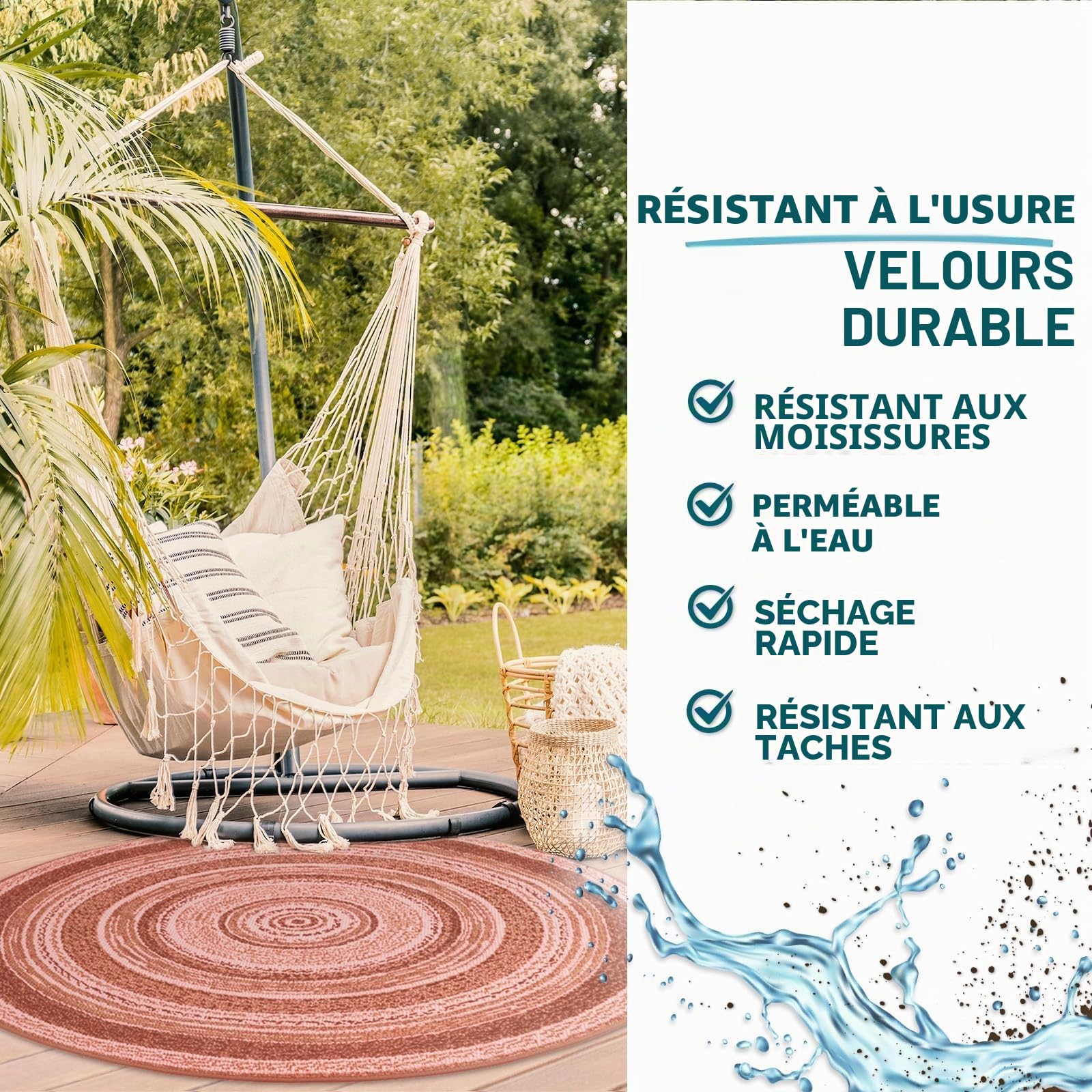 Floordirekt | Tapis Extérieur & Intérieur tissé Plat, Lavable, Résistant aux UV | Certifié Öko-Tex | Idéal pour la terrasse, Le Balcon, la Cuisine et Le Salon | Zoe Terra, Ø 120cm