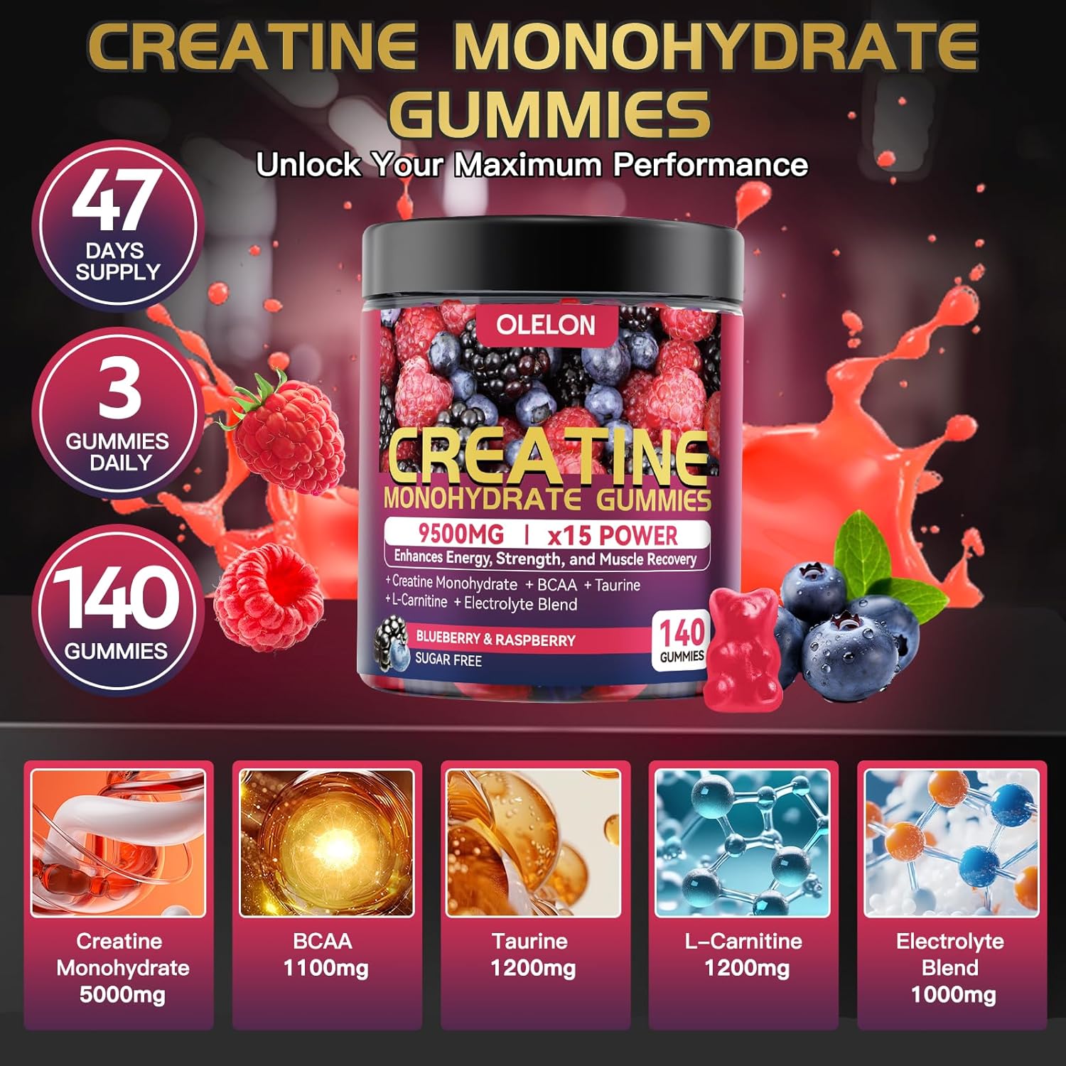 Creatine Monohydrate Gummies Complex 9500mg for Men & Women - 140 Count Creatine Supplement with Electrolyte Blend and L-Taurine, Supports Muscle Growth, Strength and Recovery, Sugar Free - Image 4