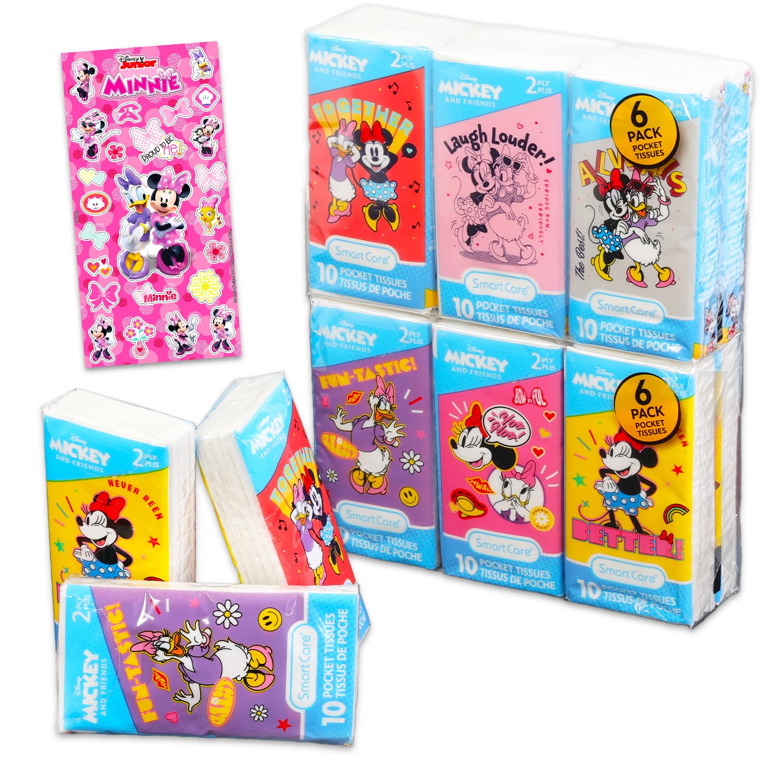 Minnie Mouse Pocket Size Facial Tissue Set - 12 Packs of 10 Sheets (120 Tissues) & Stickers | Disney Disposal for Travel, School, Classroom
