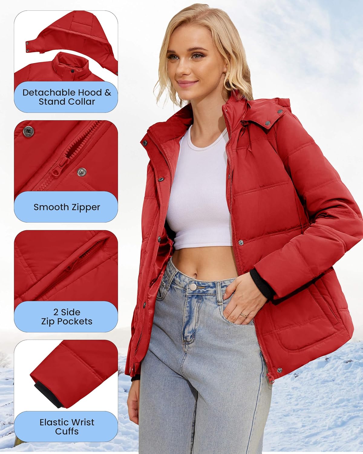 WULFUL Women's Winter Coats Lightweight Warm Thicken Puffer Jacket Waterproof Quilted Winter Jackets with Removable Hood - Image 5