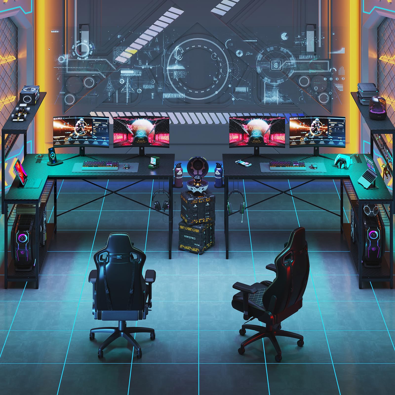 Bestier Gaming Desk 130 cm L förmig Reversibler Eckschreibtisch mit Steckdosen LED-Lichtern 4 Regalböden Haken & Becherhalter Ideal für Home Office und Gaming